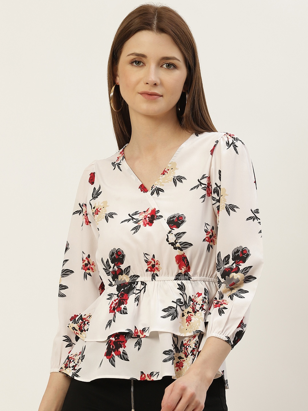 Slenor Women White Floral Layered Crepe Peplum Top