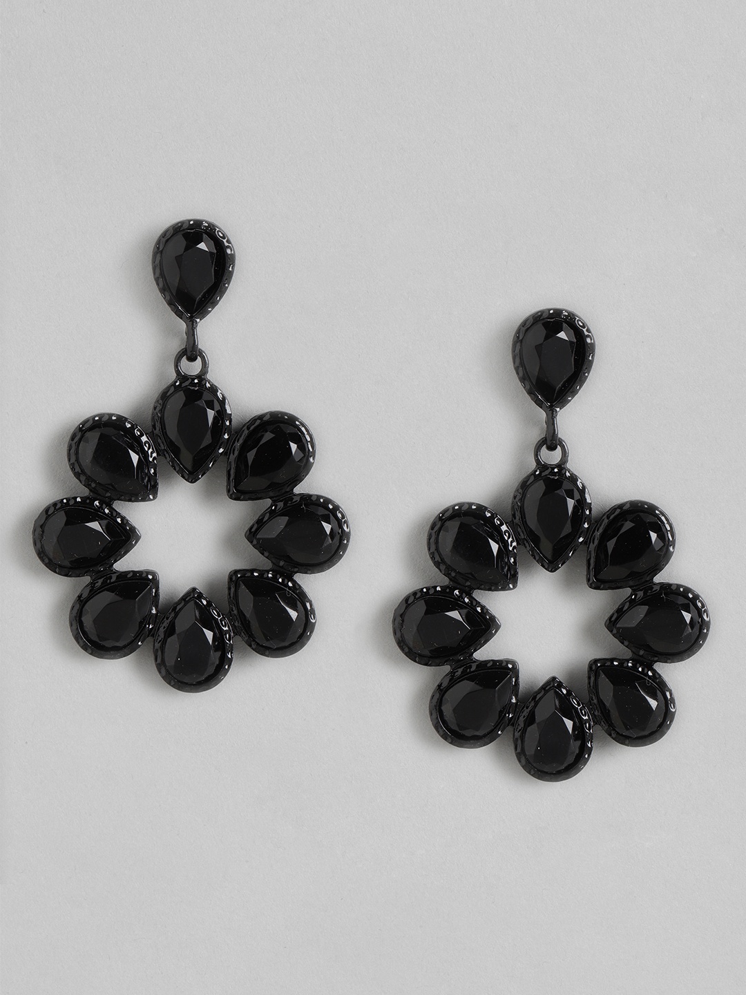 Forever New Black Stone Studded Floral Drop Earrings