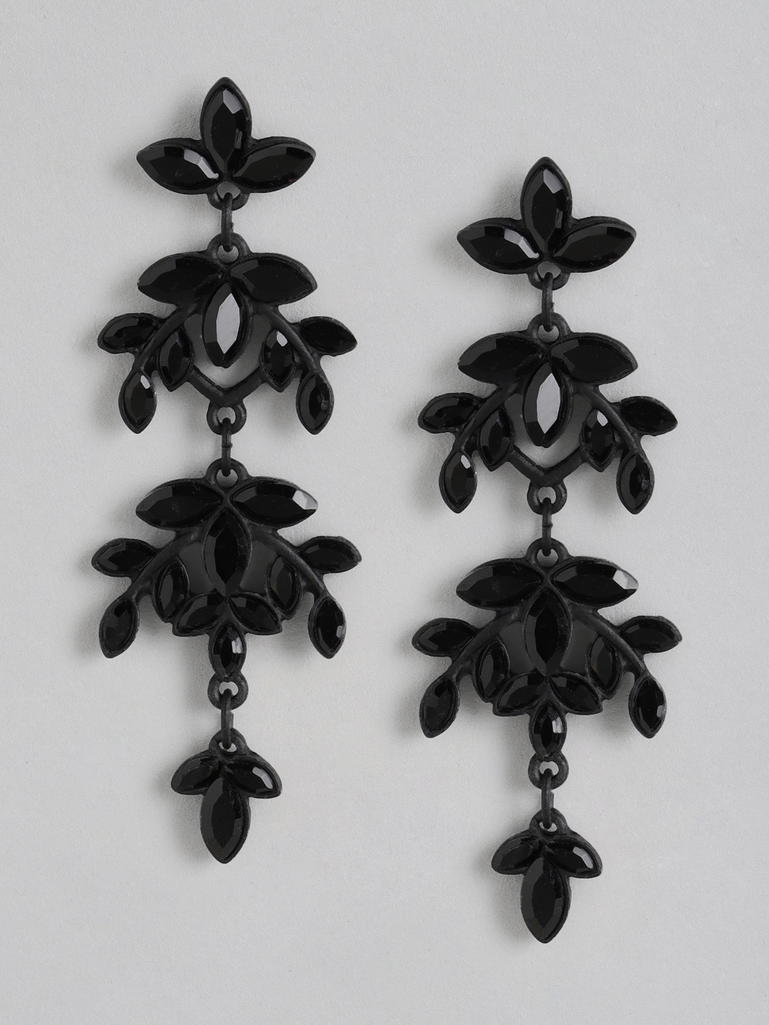 Forever New Black Stone Studded Floral Drop Earrings