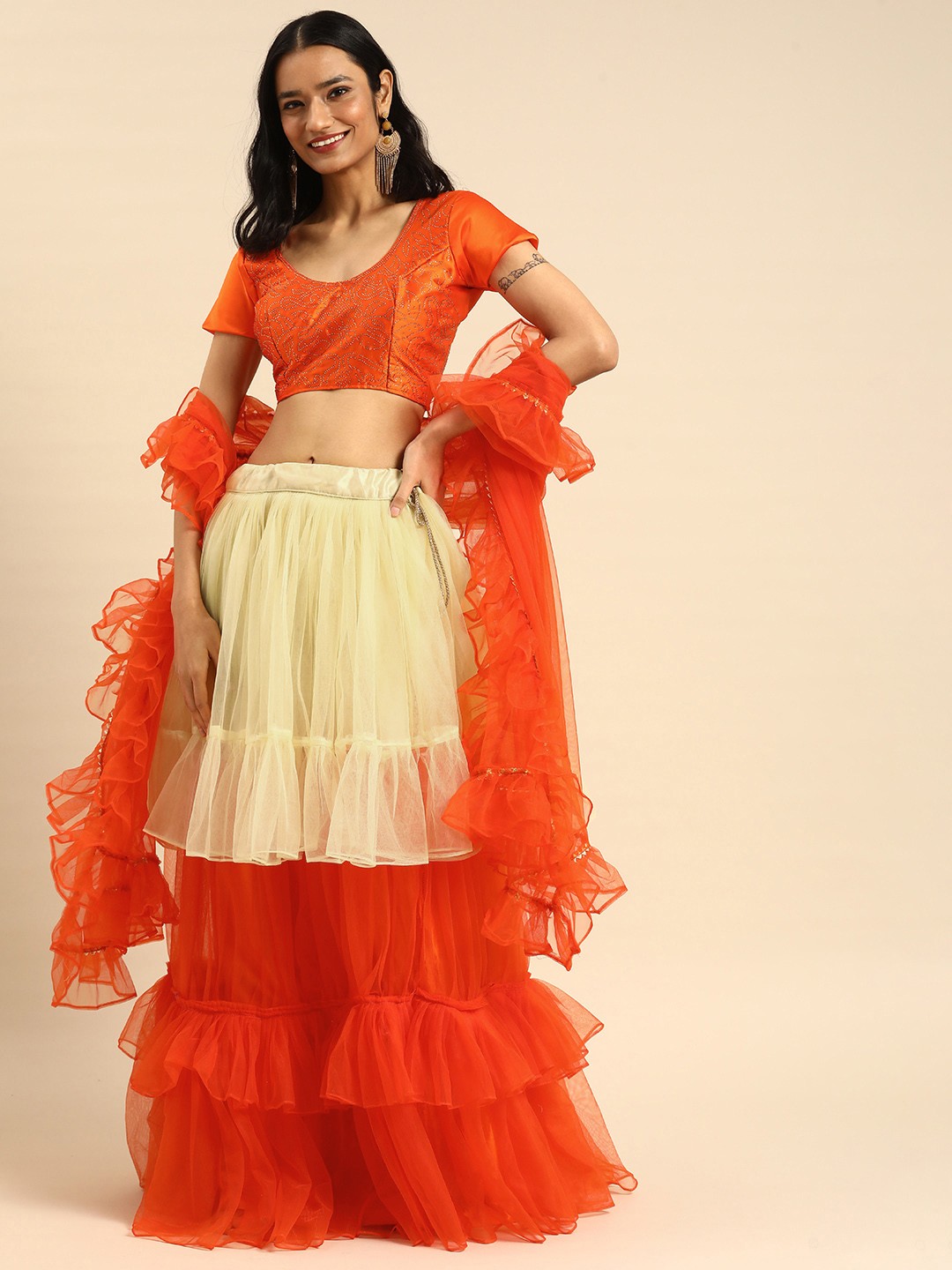 Tikhi Imli Orange & Cream-Coloured Embellished Semi-Stitched Lehenga & Unstitched Blouse With Dupatta
Tikhi Imli Orange & Cream-Coloured Embellished Semi-Stitched Lehenga & Unstitched Blouse With Dupatta