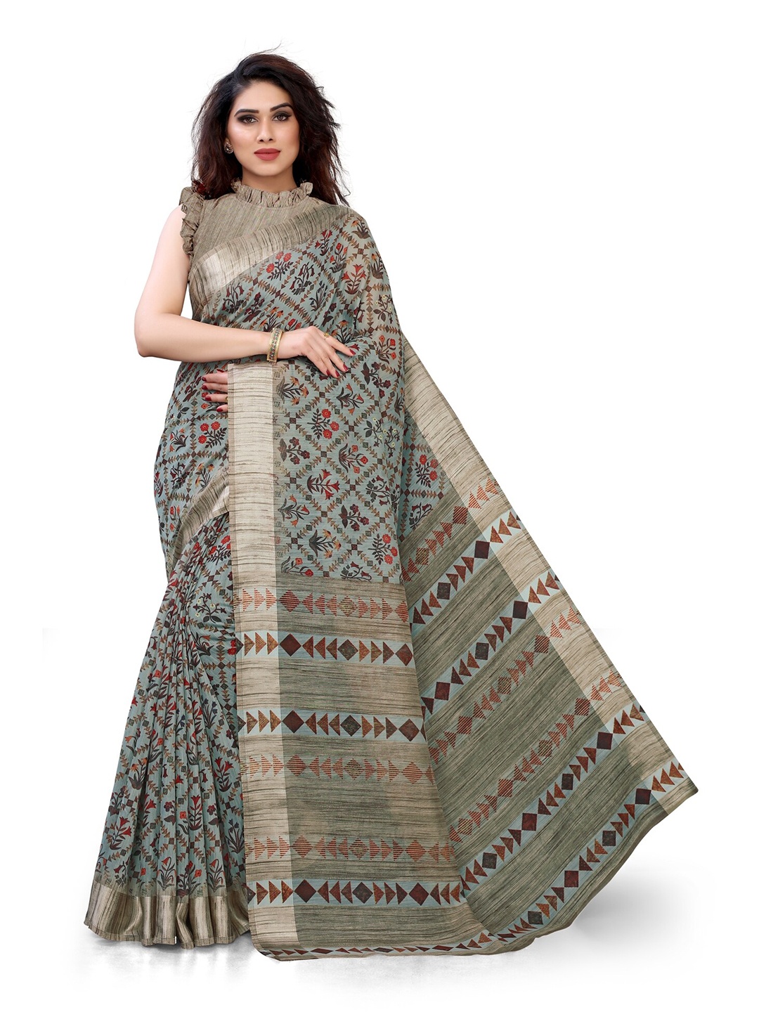 KALINI Green & Beige Floral Saree