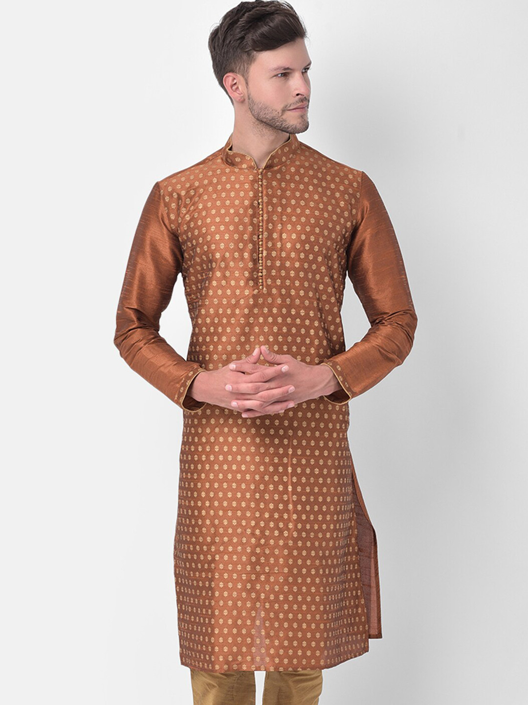 DEYANN Men Copper-Toned Floral Printed Regular Dupion Silk Kurta with Churidar
DEYANN Men Copper-Toned Floral Printed Regular Dupion Silk Kurta with Churidar