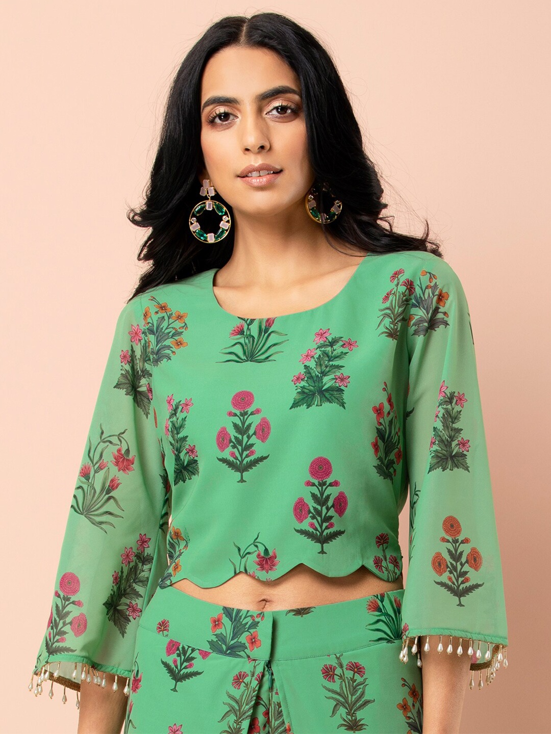 INDYA Green Floral Georgette Blouson Crop Top