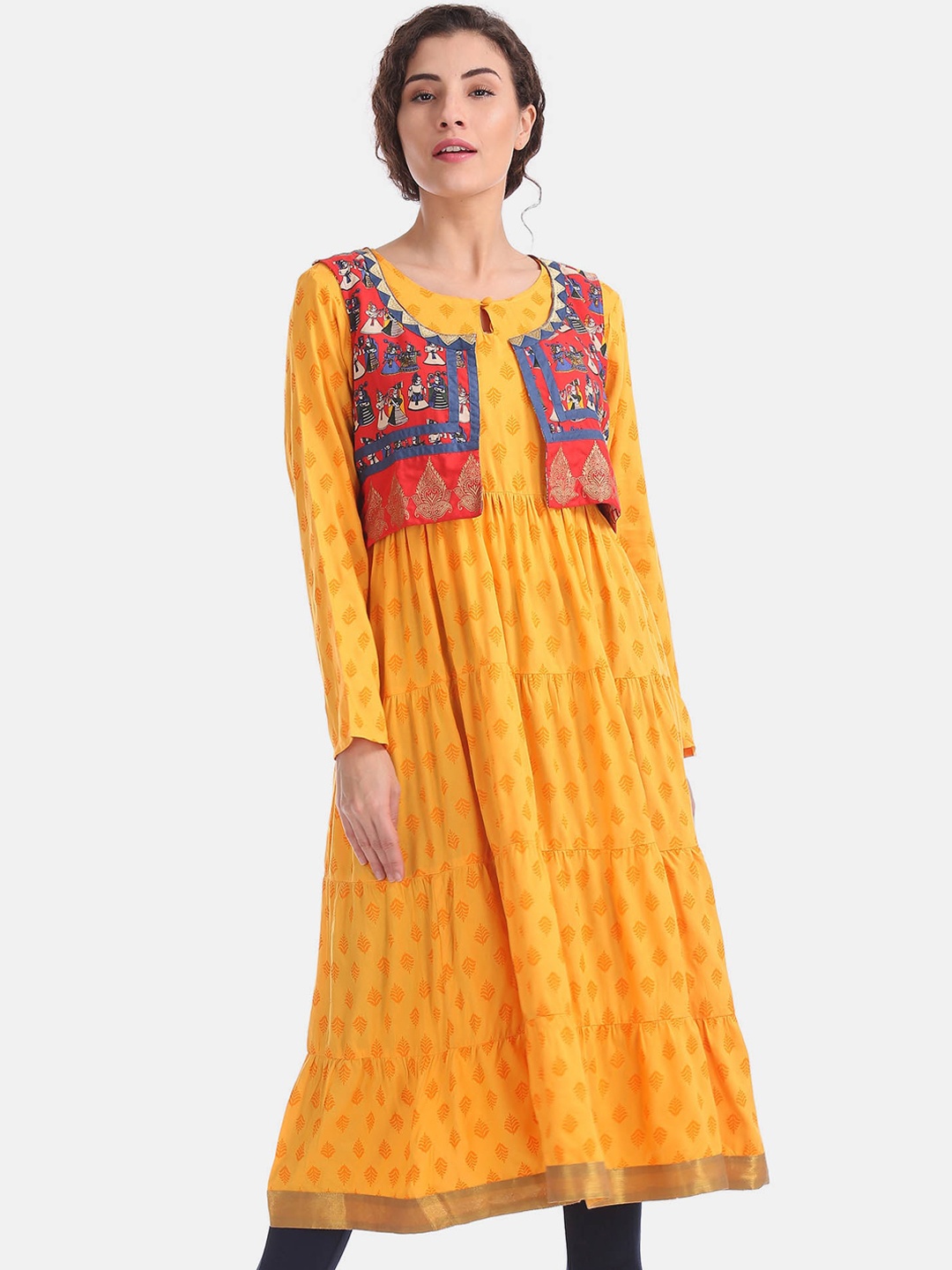 Anahi Women Yellow Quirky Printed Kurta With Cropped Jacket