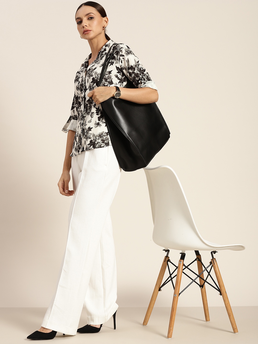 her by invictus Women White Floral Printed Casual Cuban Collar Shirt