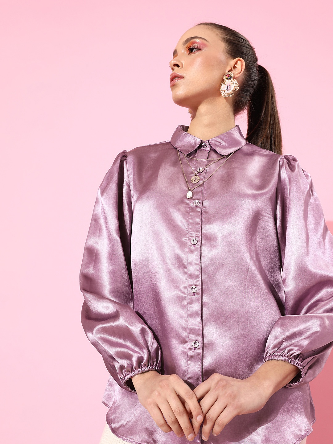 SCORPIUS Women Charming Purple Solid Satin Shirt