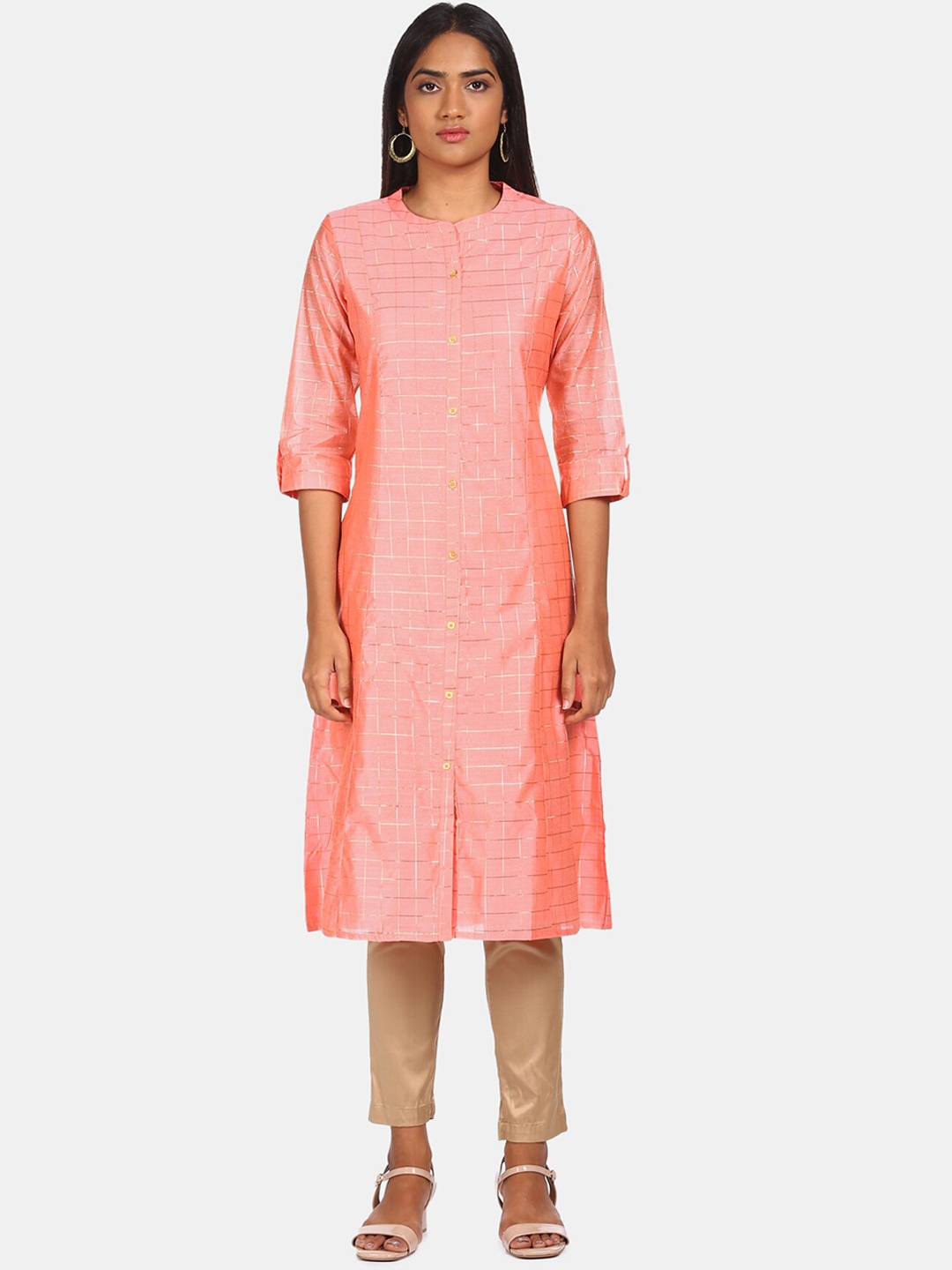 Karigari Women Pink & Gold-Toned Checked Kurta