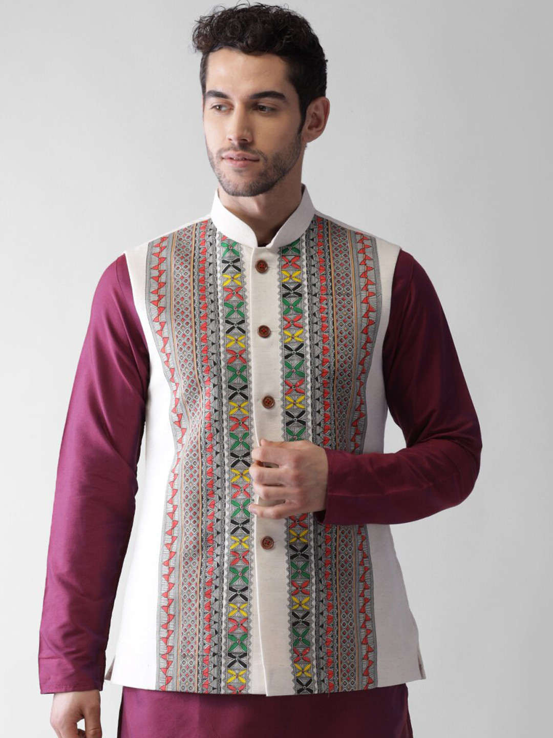 KISAH Men White Printed Nehru Jacket
KISAH Men White Printed Nehru Jacket
