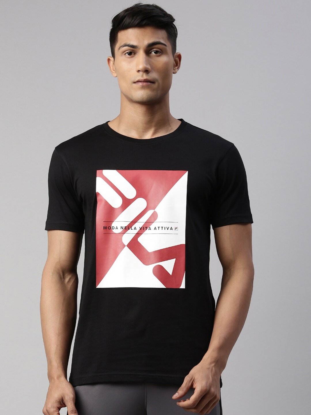FILA Men Black & White Printed Pure Cotton T-shirt