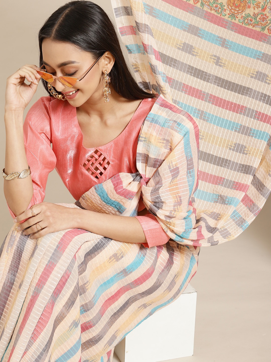 Mitera Blue & Yellow Striped Saree