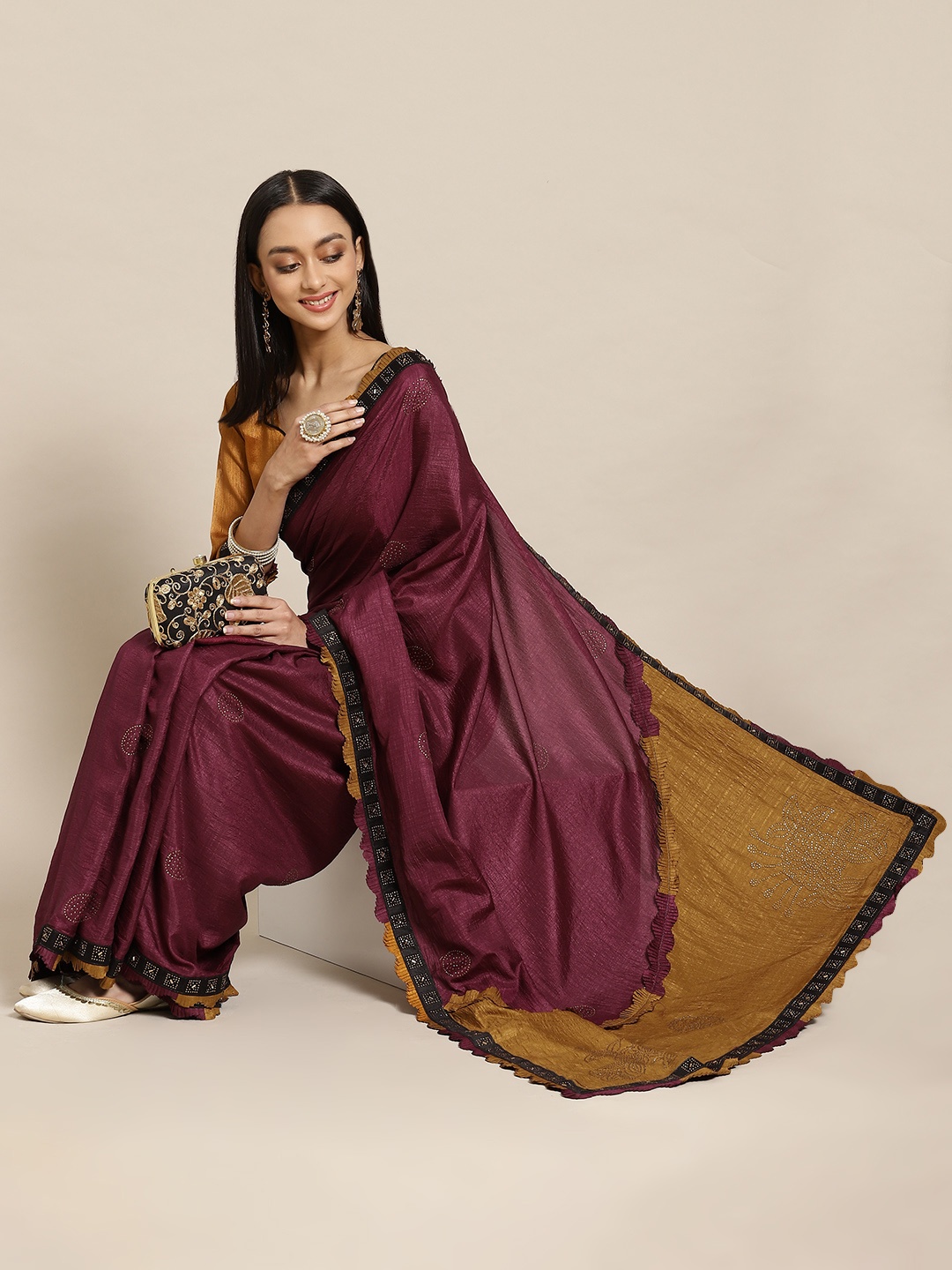 Mitera Maroon Embellished Patchwork Saree