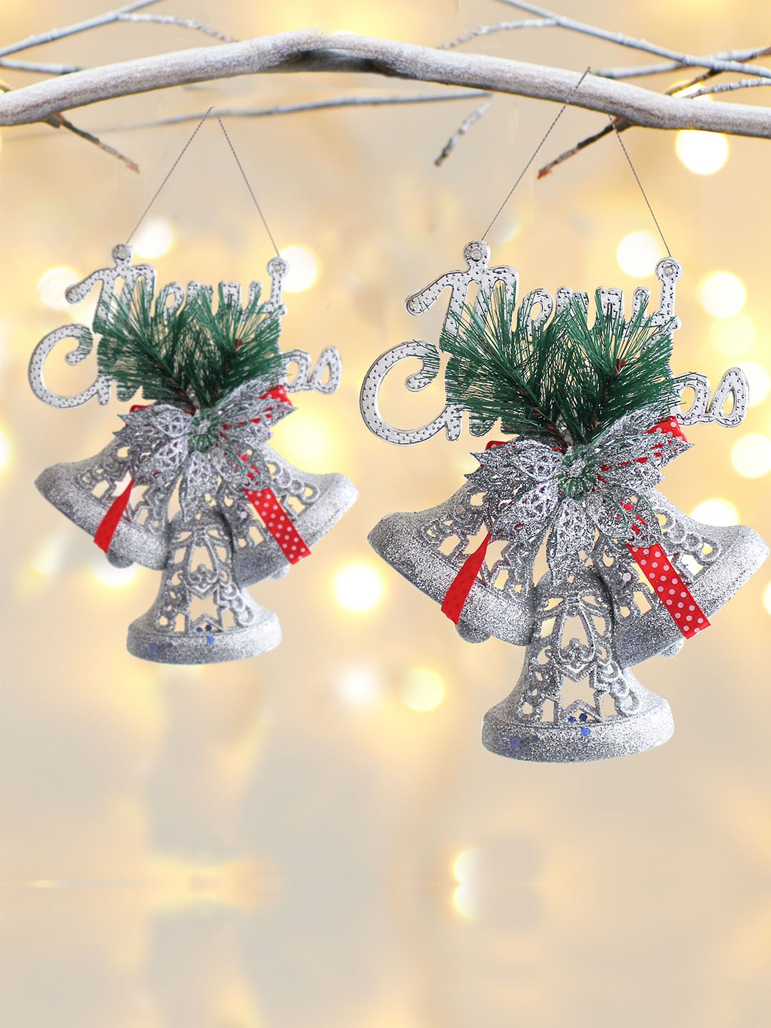 TIED RIBBONS Multi Set of 2 Christmas Decoration Hanging Bells