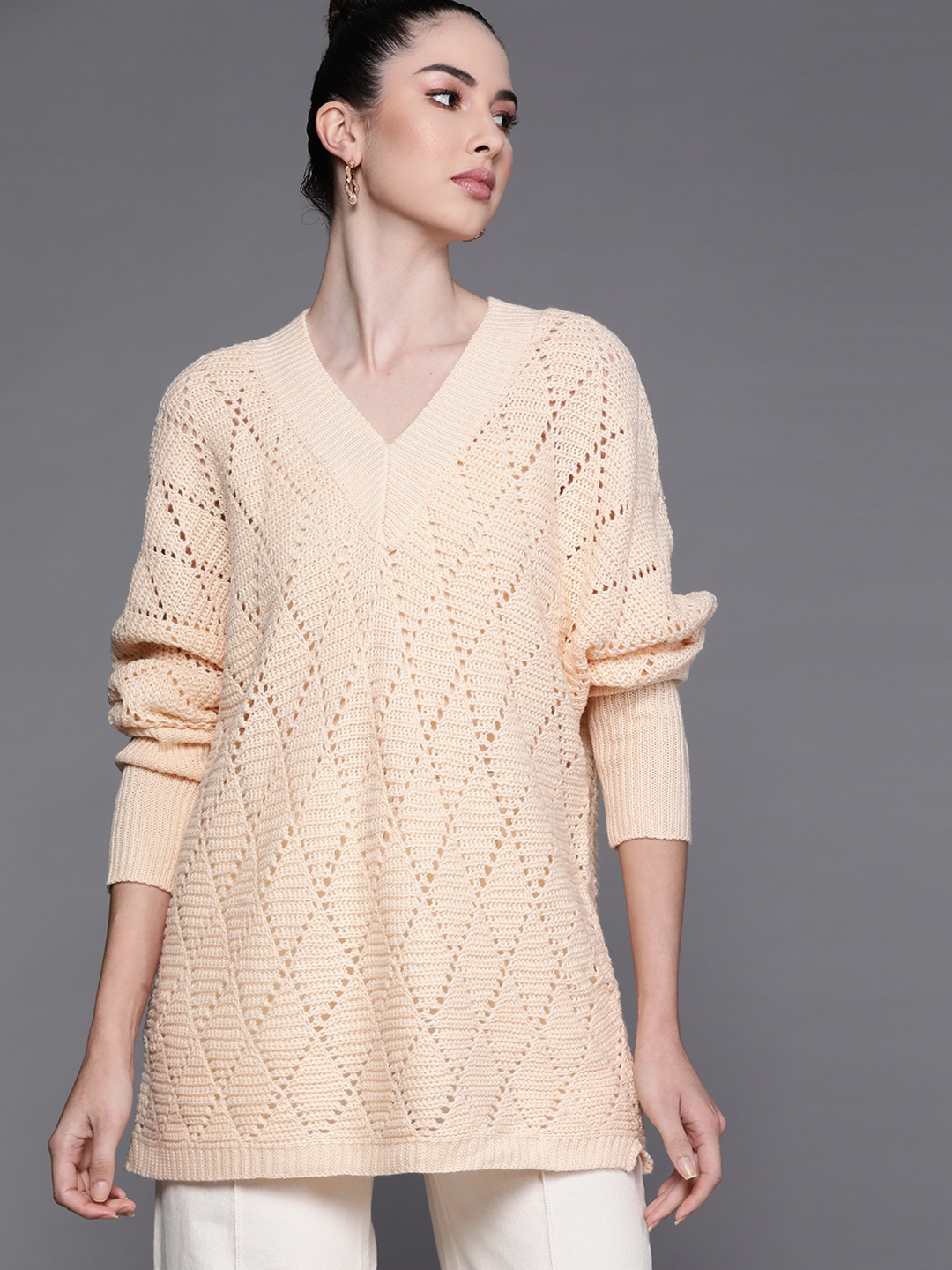 JC Mode Women Cream-Coloured Open Knit Pullover