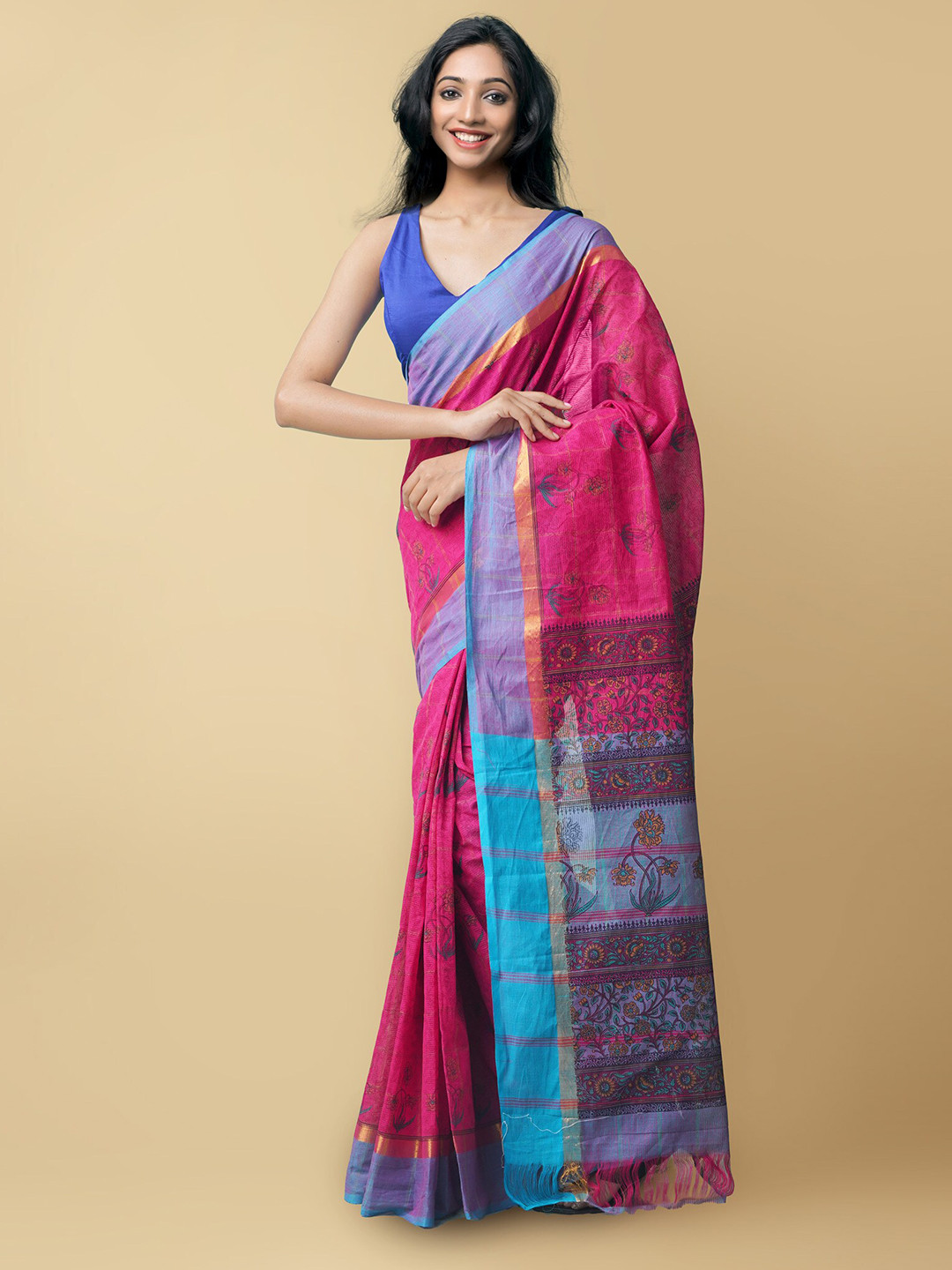 Unnati Silks Pink & Blue Ethnic Motifs Hand Block Print Zari Pure Cotton Mangalagiri Saree
Unnati Silks Pink & Blue Ethnic Motifs Hand Block Print Zari Pure Cotton Mangalagiri Saree