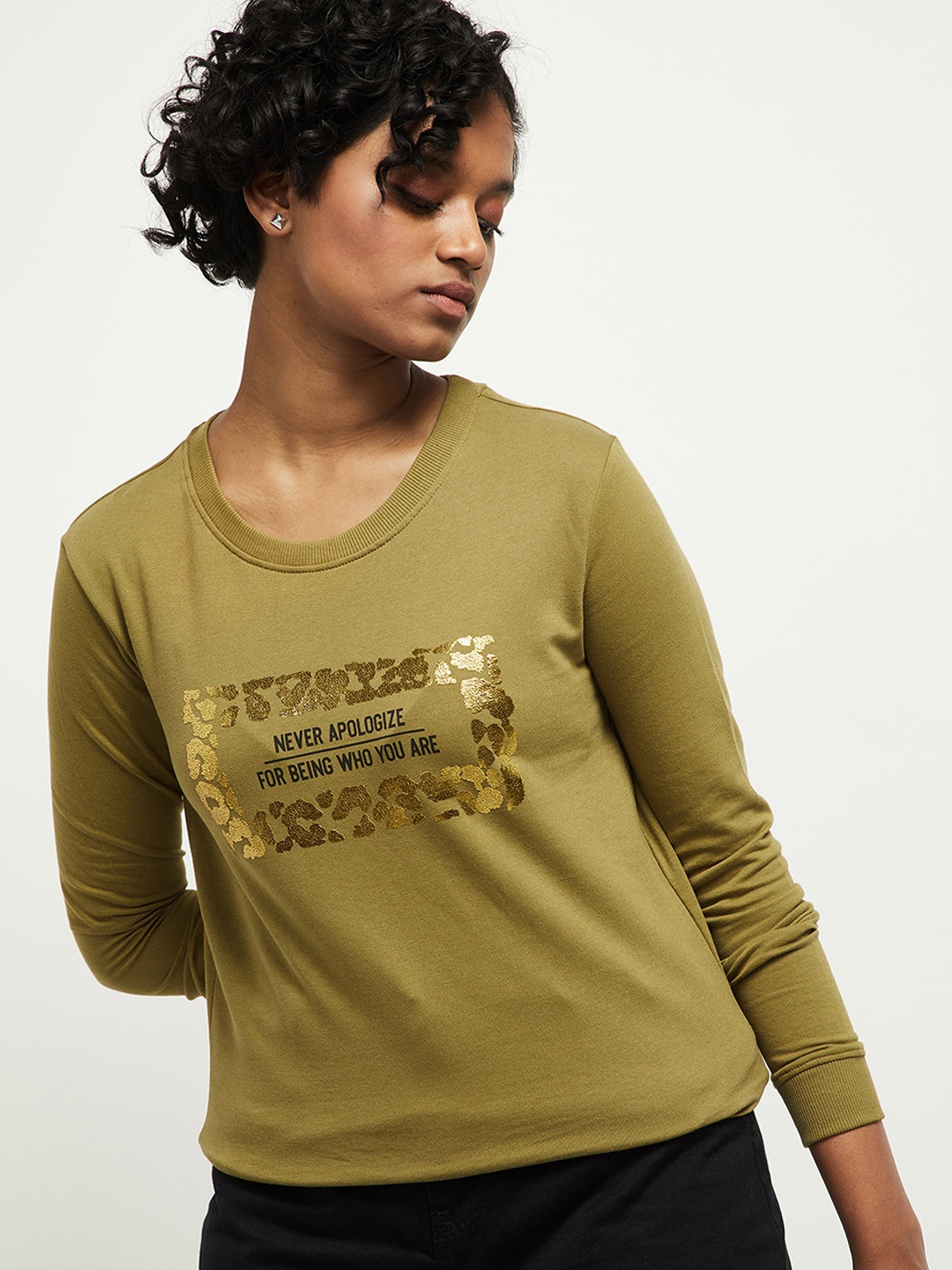 max Women Olive Green Printed Sweatshirt