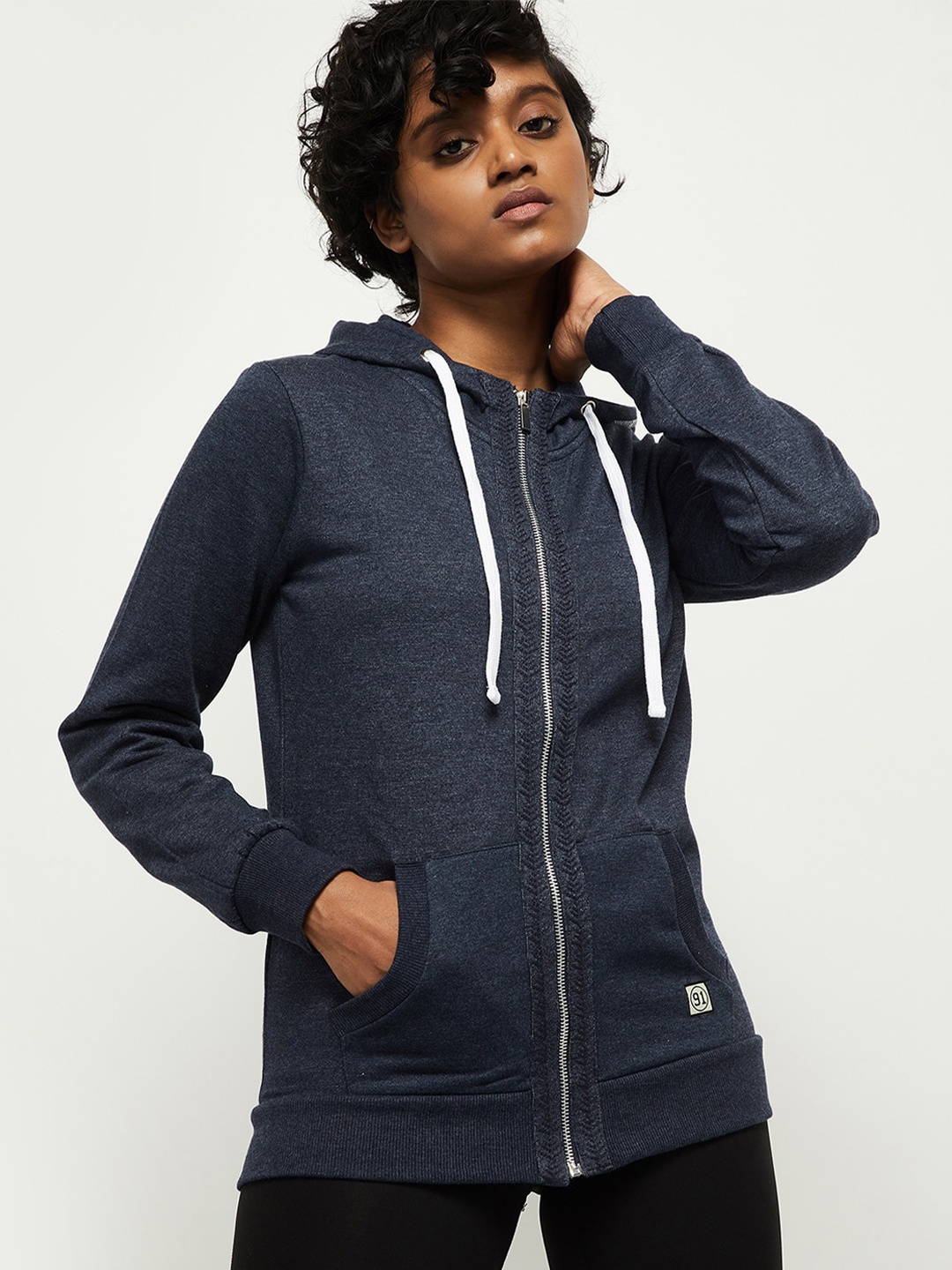max Women Navy Blue Hooded Sweatshirt