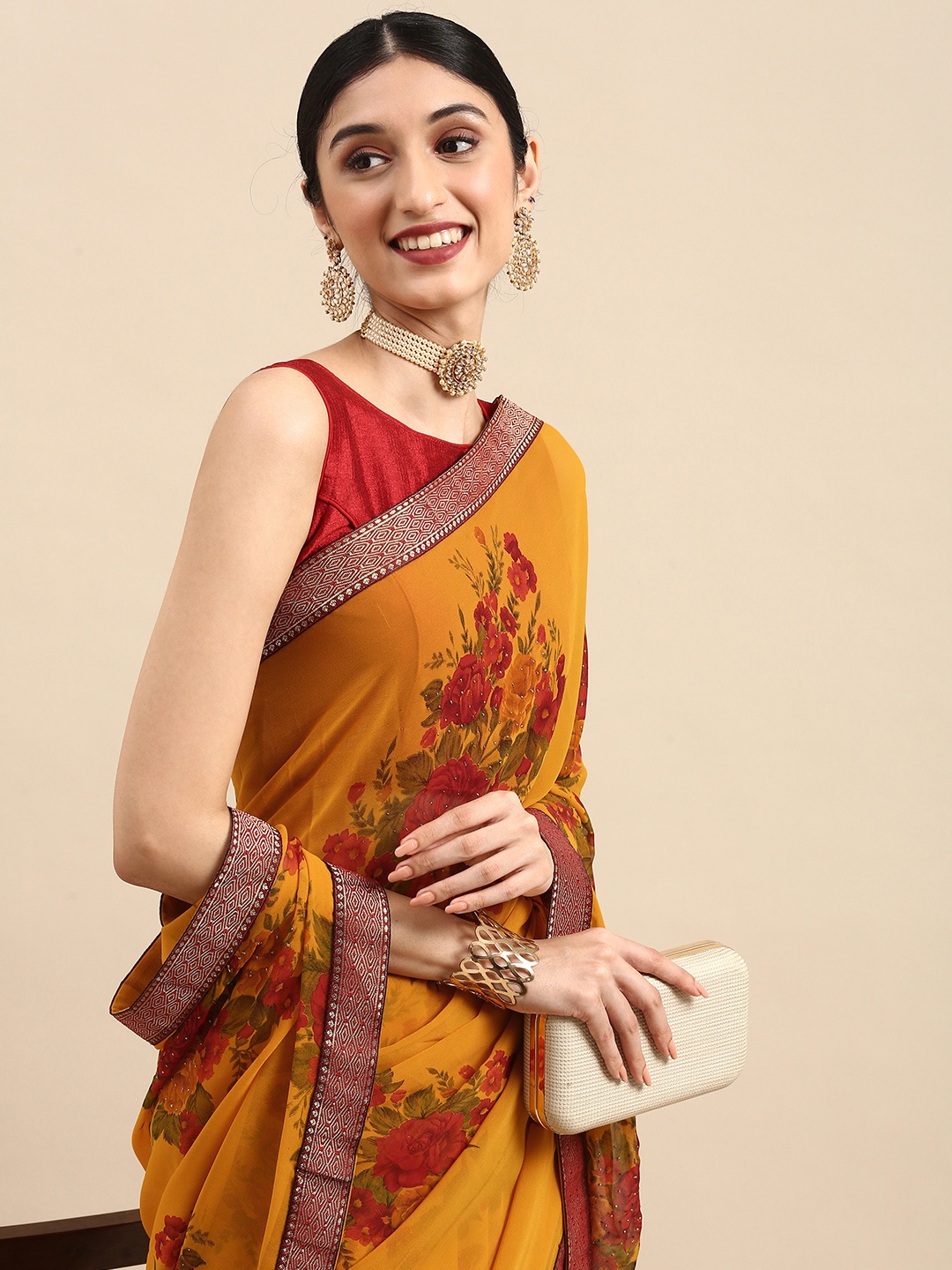 Anouk Mustard Floral Pure Georgette Bhagalpuri Saree
