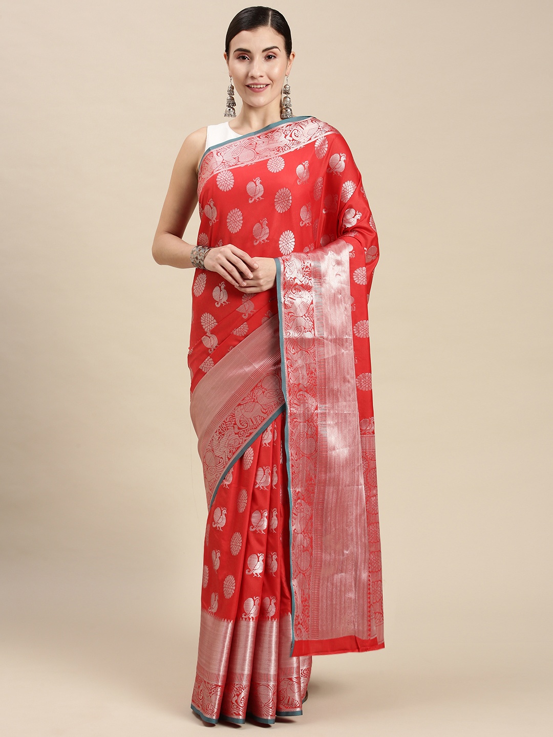 Mitera Red & Silver-Toned Woven Design Banarasi Saree