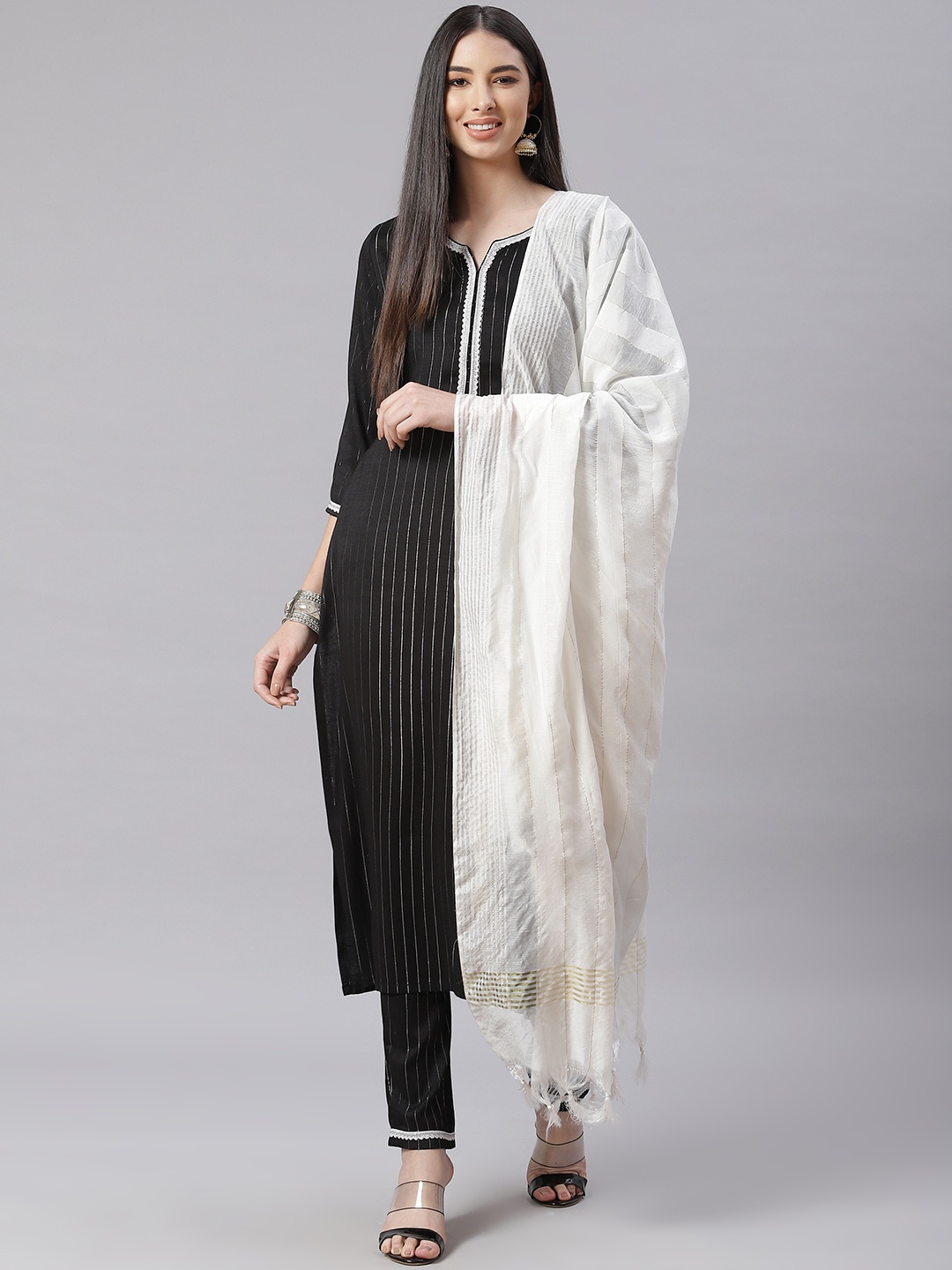 Tulsattva Women Black & White Striped Thread Work Detail Kurta with Trousers & Dupatta
Tulsattva Women Black & White Striped Thread Work Detail Kurta with Trousers & Dupatta