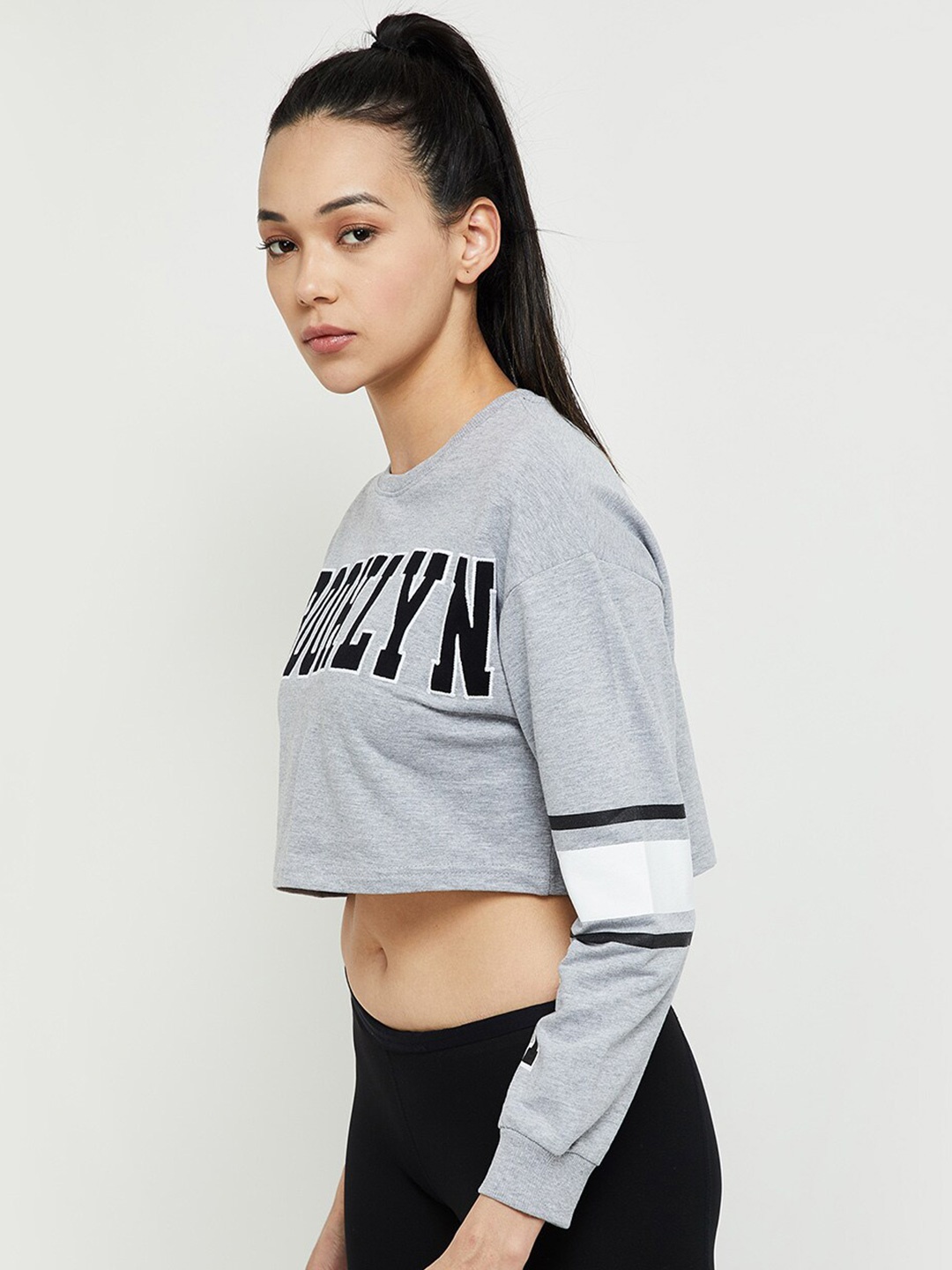 max Women Grey Typography Printed Pure Cotton T-shirt