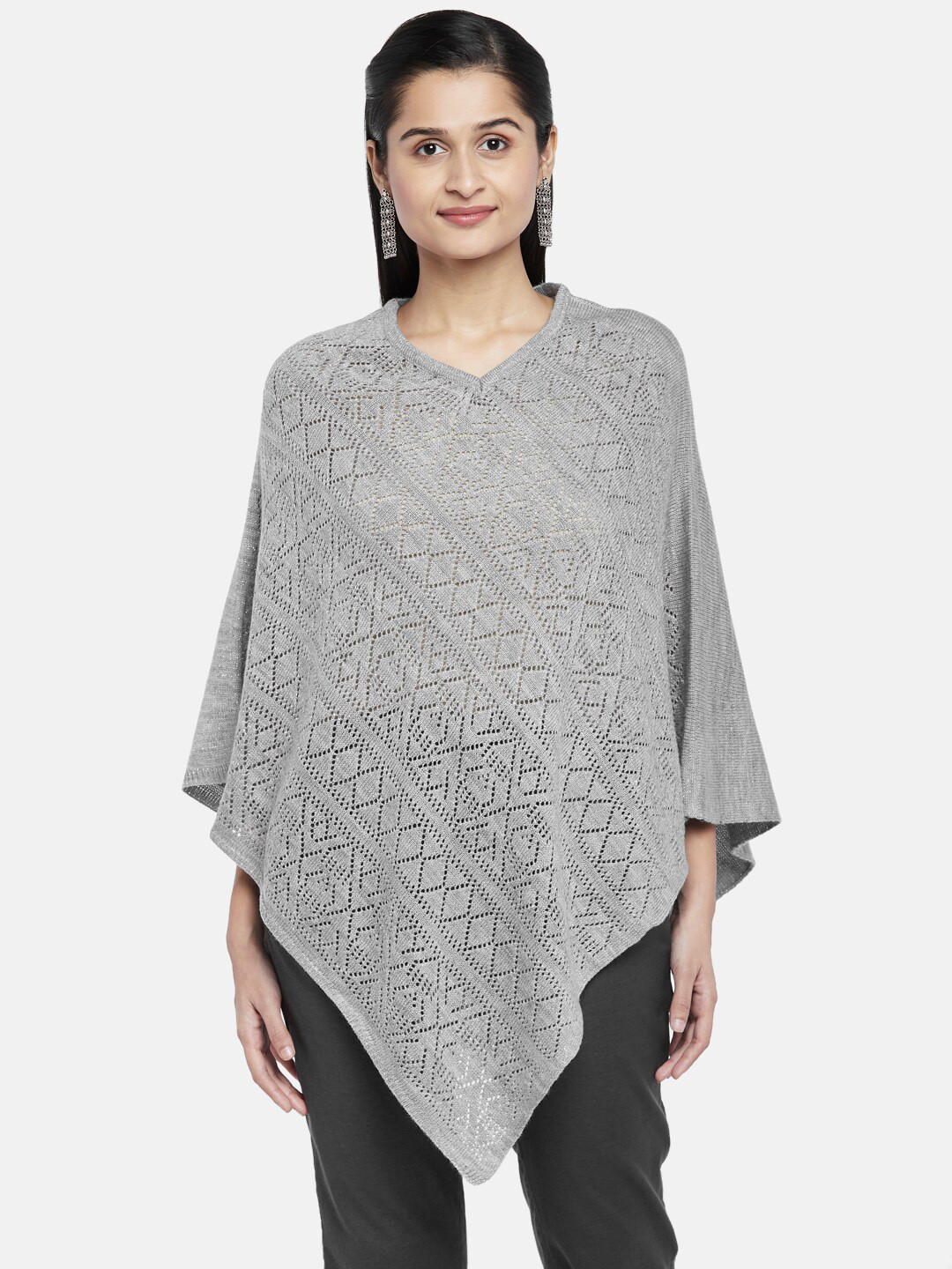 AKKRITI BY PANTALOONS Women Grey Open Knit Fusion Poncho 
AKKRITI BY PANTALOONS Women Grey Open Knit Fusion Poncho