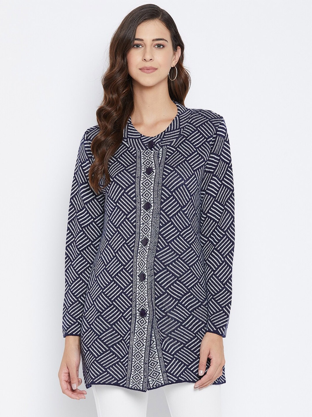 NEVA Women Navy Blue & White Wool Cardigan