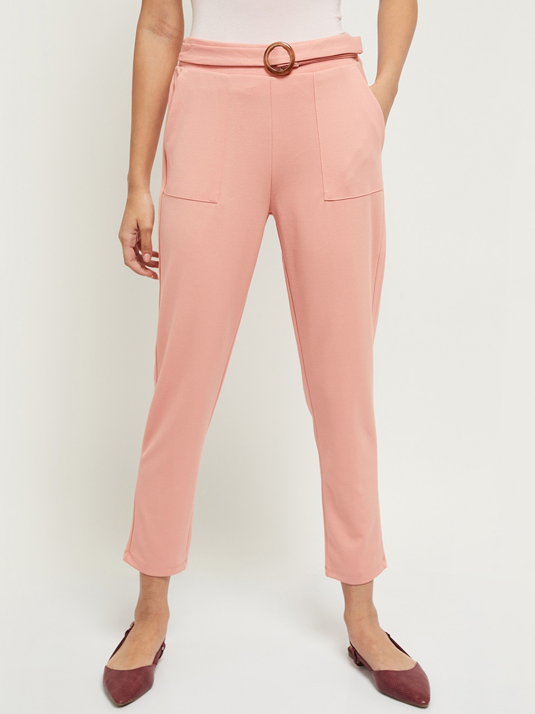 max Women Coral Pink Solid Cropped Regular Trousers