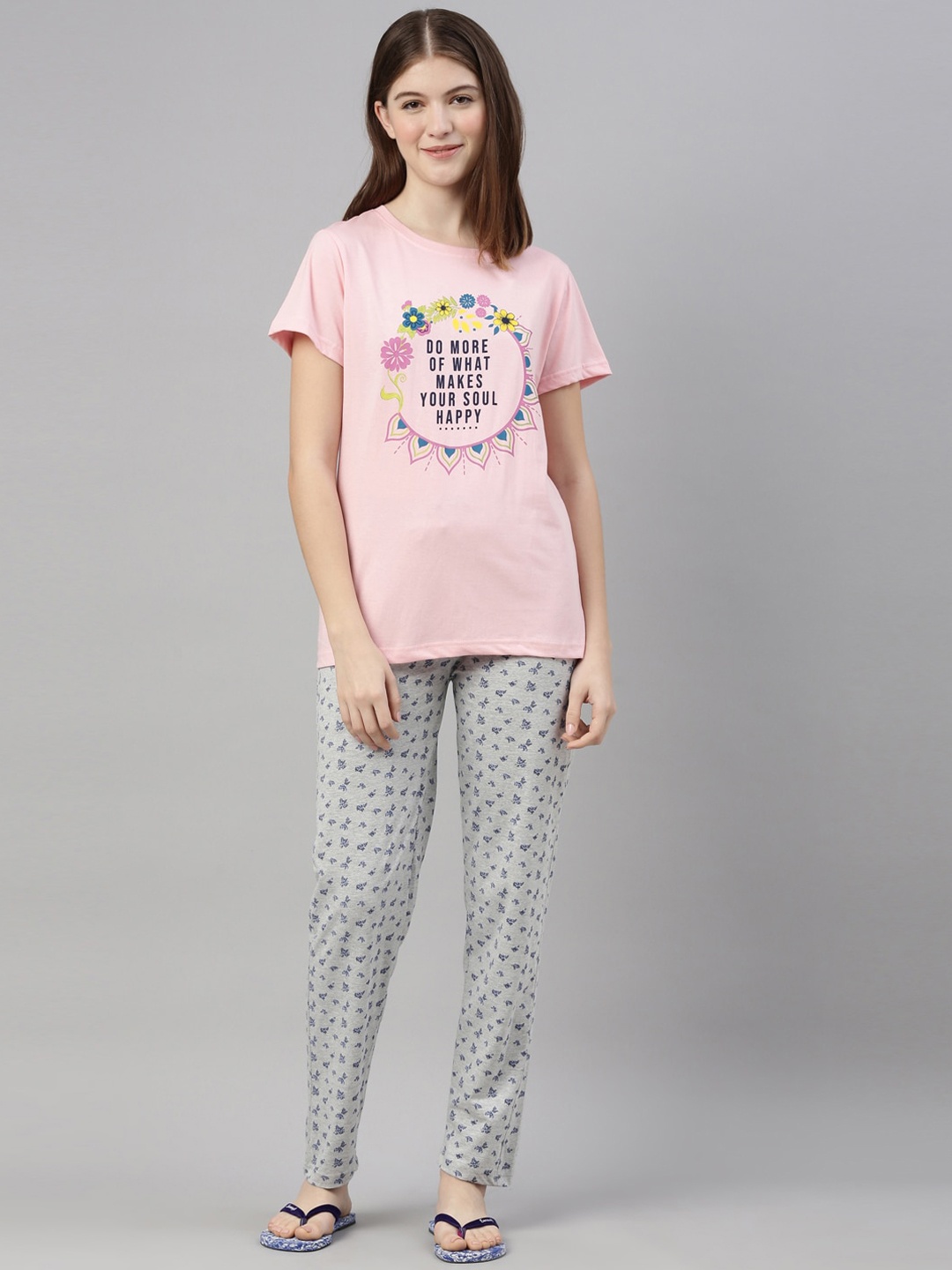 Kryptic Women Pink & Grey Melange Printed Cotton Night suit