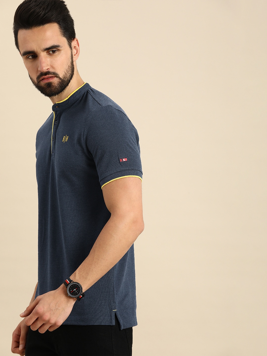 Being Human Men Navy Blue Self Desgin Mandarin Collar T-shirt