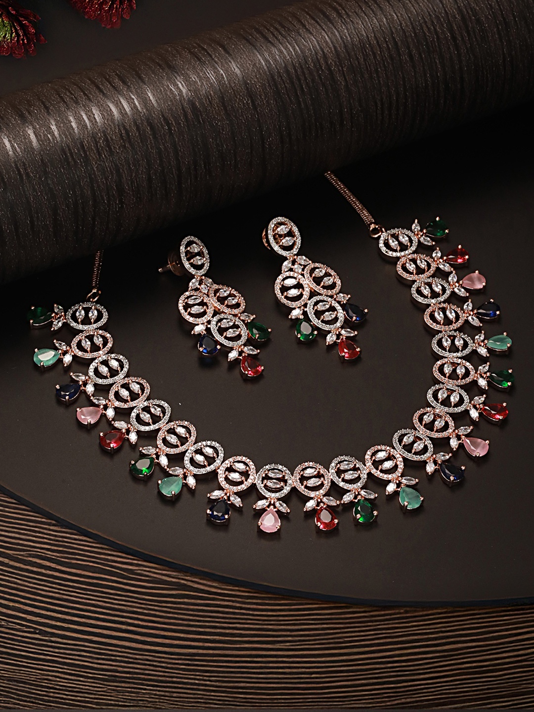 Saraf RS Jewellery Rose Gold-Plated White & Red AD & CZ-Studded & Beaded Jewellery Set
Saraf RS Jewellery Rose Gold-Plated White & Red AD & CZ-Studded & Beaded Jewellery Set