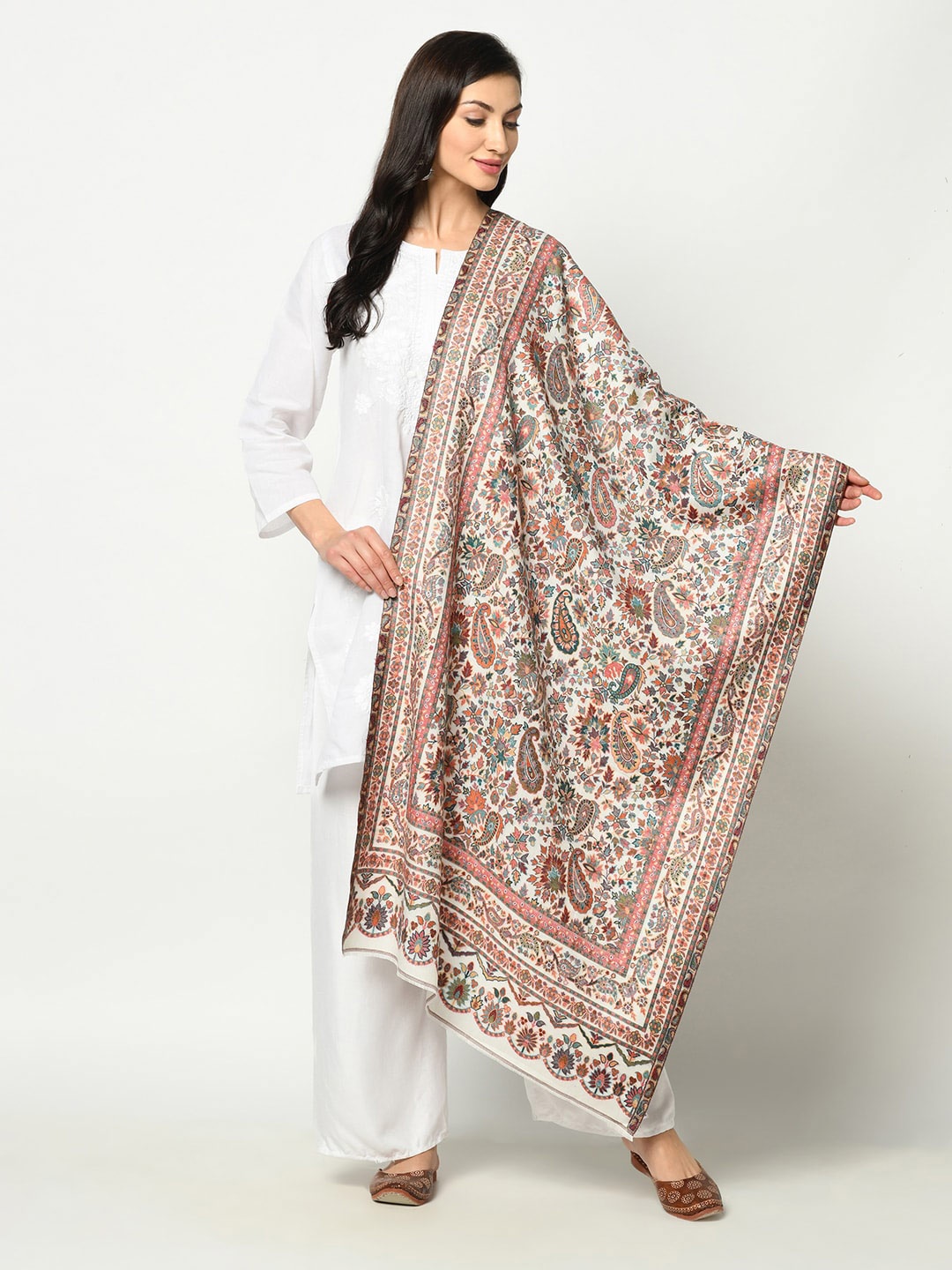 Safaa Women White & Brown Woven Design Stole