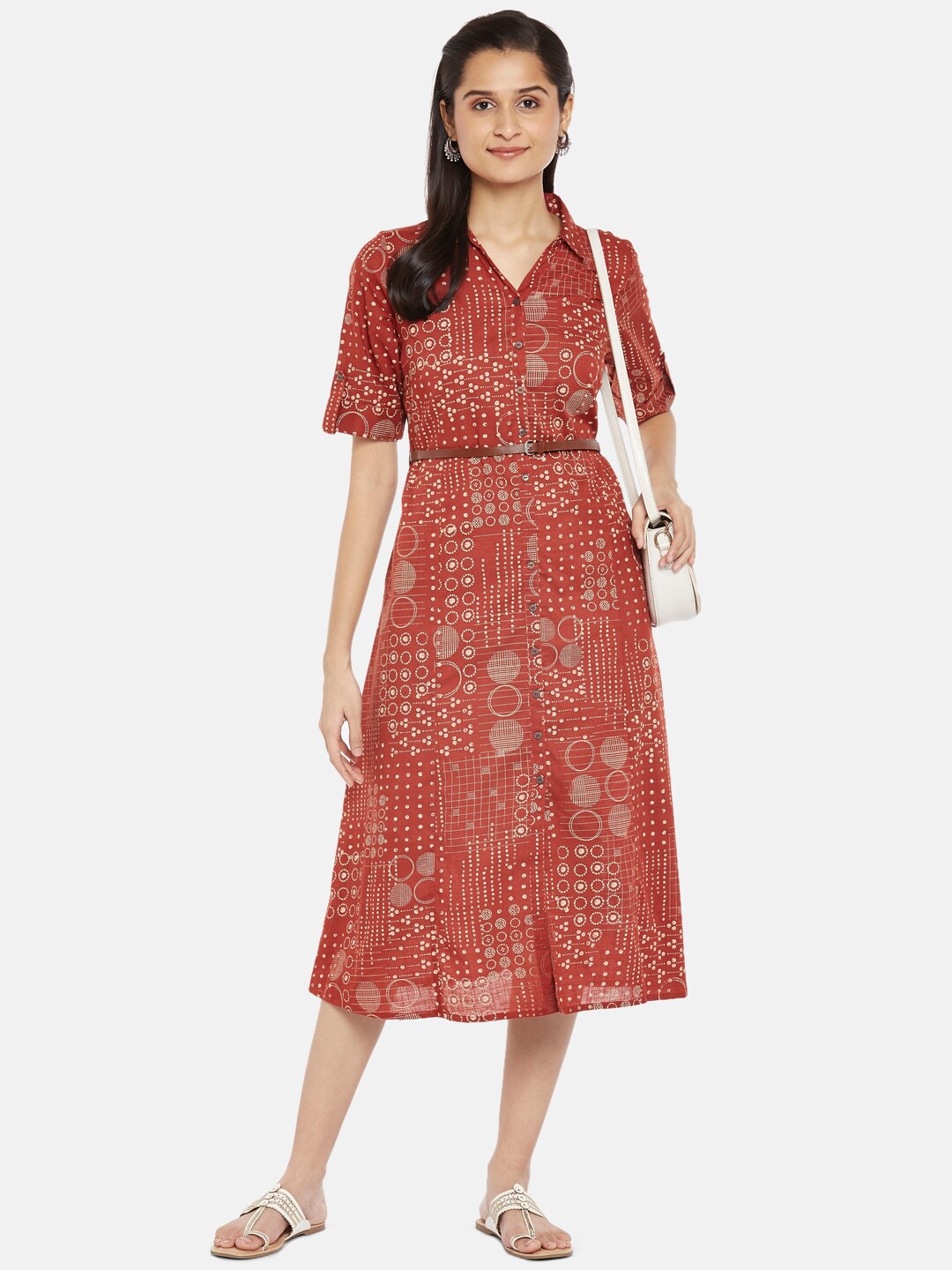 AKKRITI BY PANTALOONS Rust & Beige Midi Dress