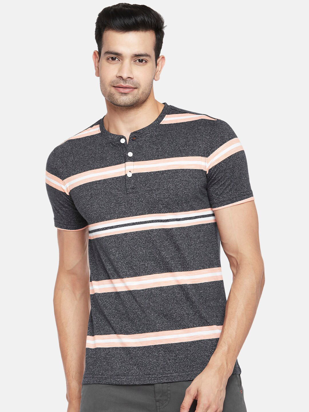 Urban Ranger by pantaloons Men Navy Blue & Peach-Coloured Striped Henley Neck Slim Fit T-shirt 
Urban Ranger by pantaloons Men Navy Blue & Peach-Coloured Striped Henley Neck Slim Fit T-shirt
