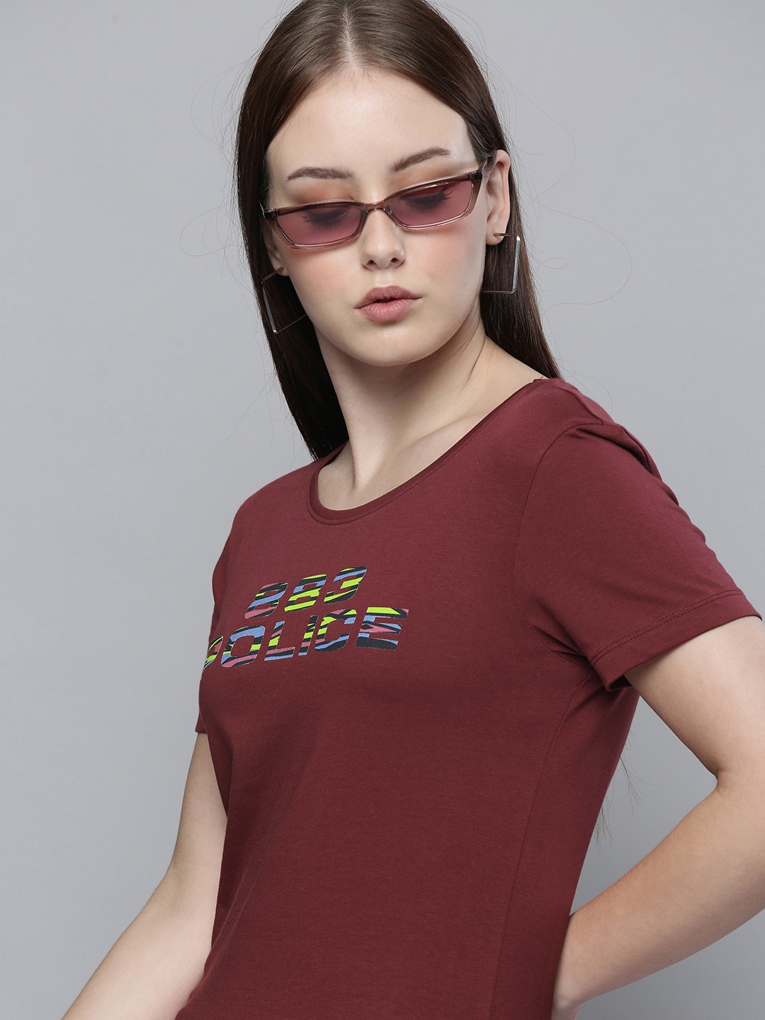 883 Police Women Brown Brand Logo Printed Cotton T-shirt