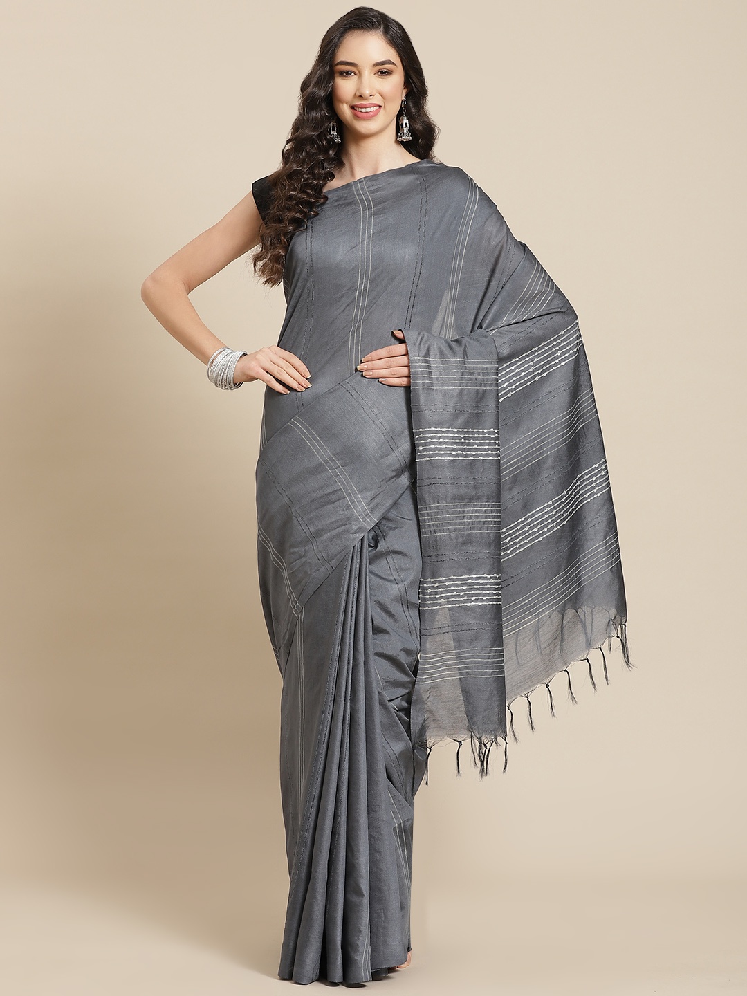 swatika Grey & Off-White Striped Zari Silk Blend Bhagalpuri Saree