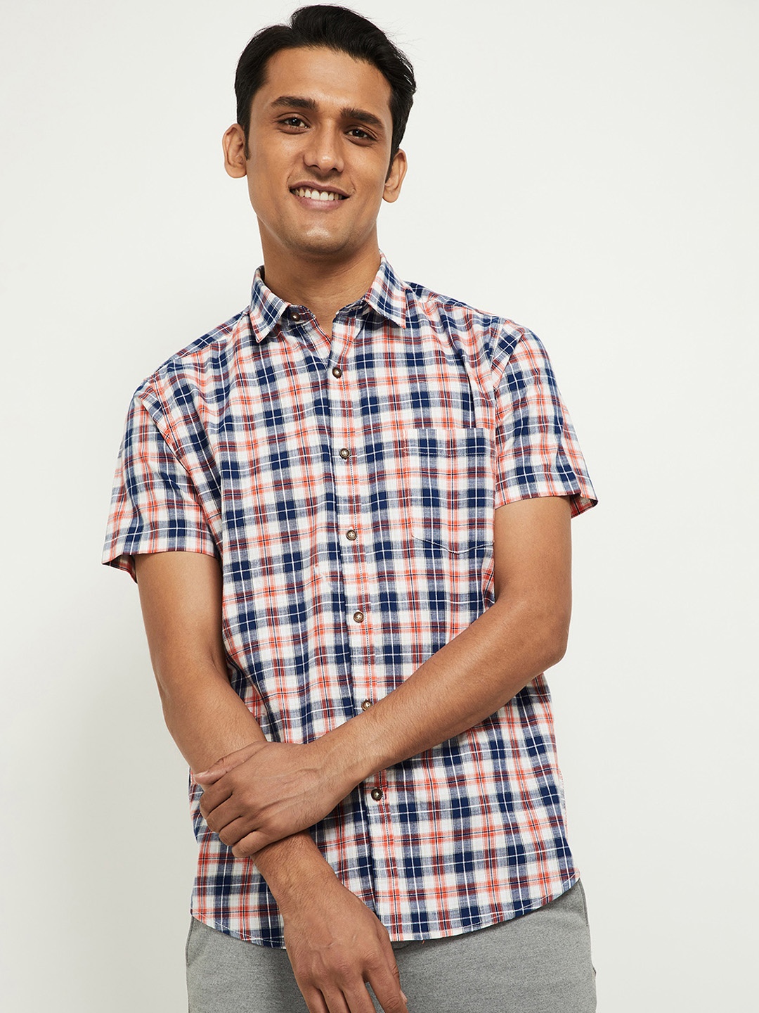 max Men Navy Blue Tartan Checks Checked Casual Shirt