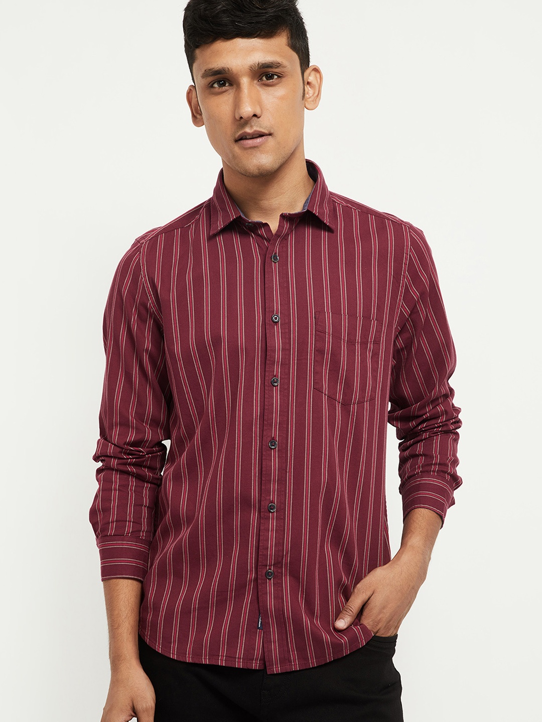 max Men Burgundy Striped Casual Shirt