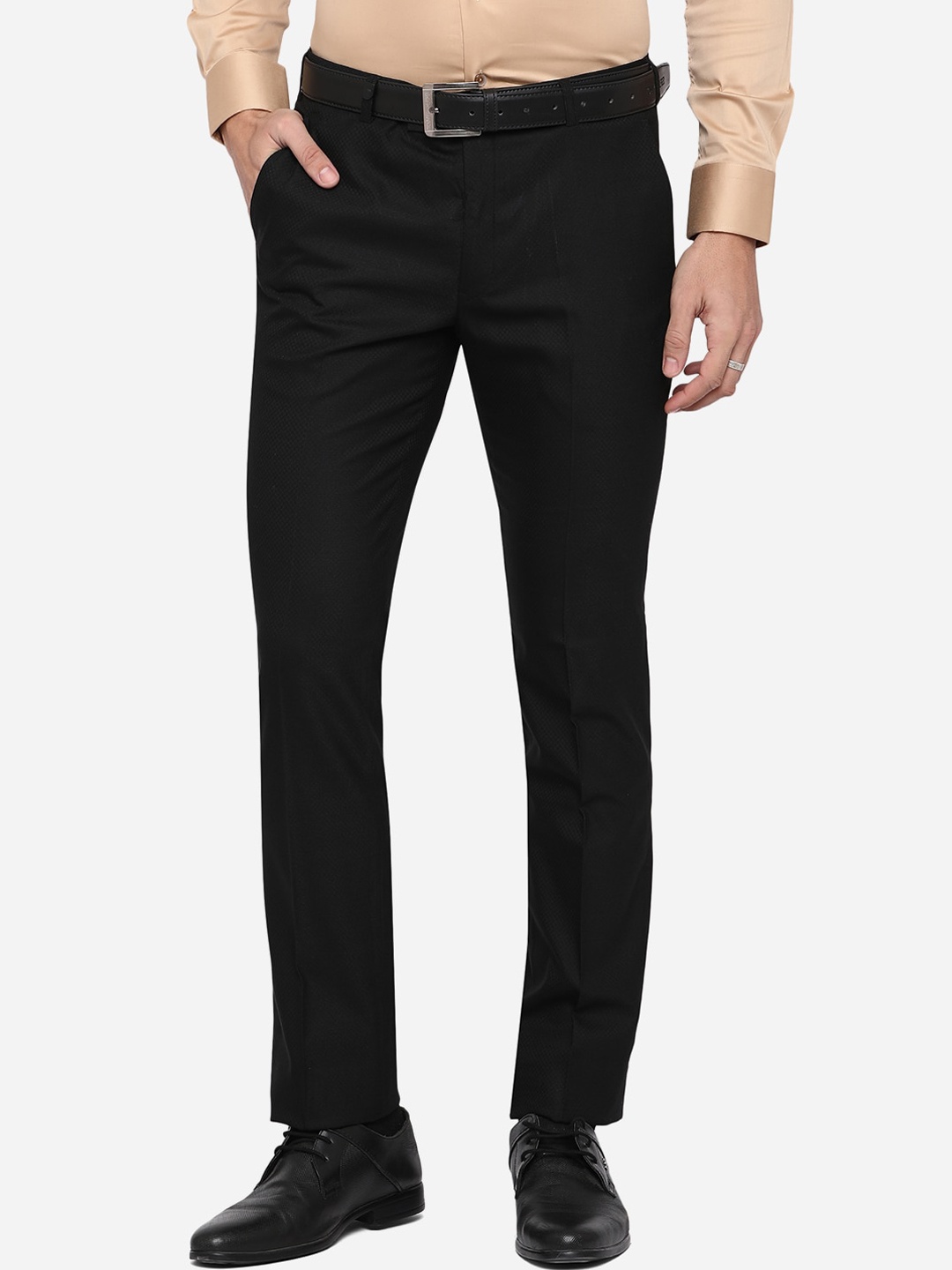 JB STUDIO Men Black Slim Fit Wrinkle Free Formal Trousers
