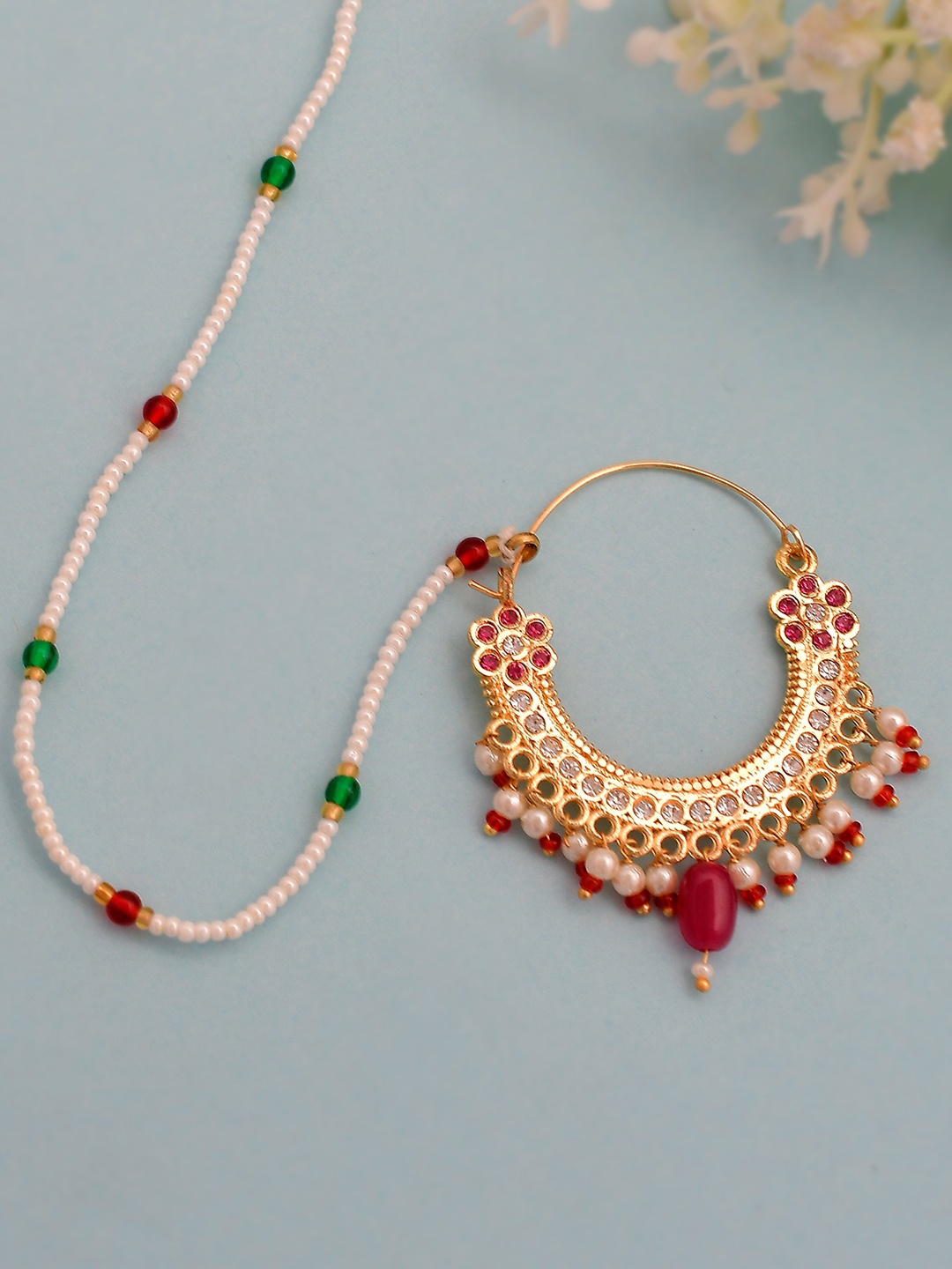 Silvermerc Designs Gold-Plated Red & Green Stone Studded Nose Ring With Beaded Chain
Silvermerc Designs Gold-Plated Red & Green Stone Studded Nose Ring With Beaded Chain