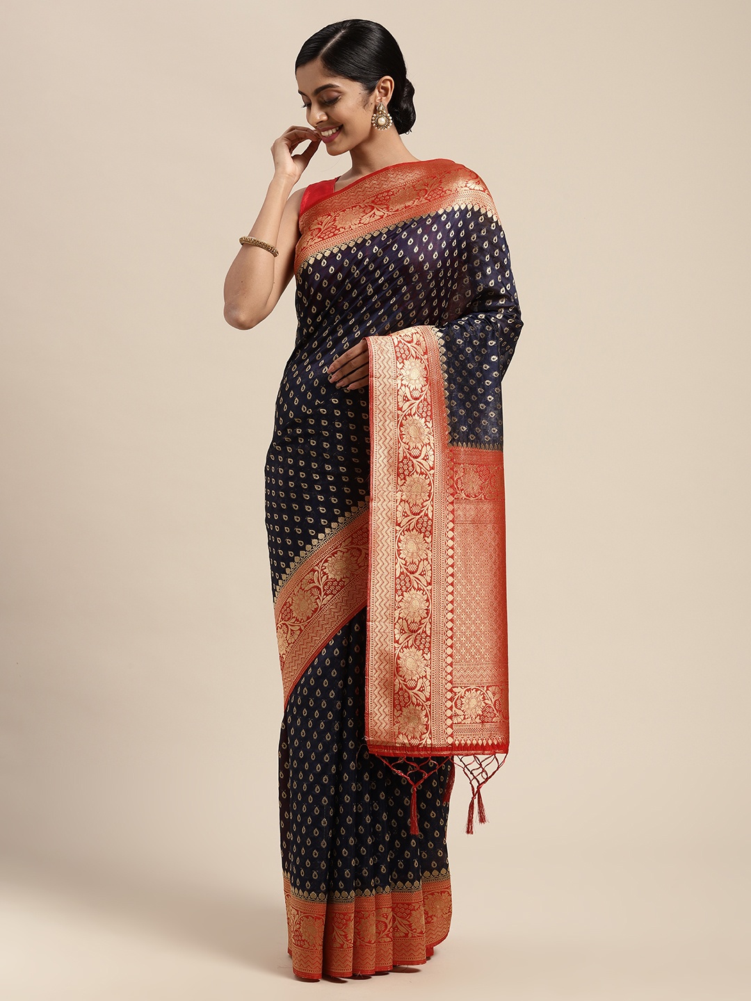 Mitera Navy Blue Woven Design Zari Organza Saree