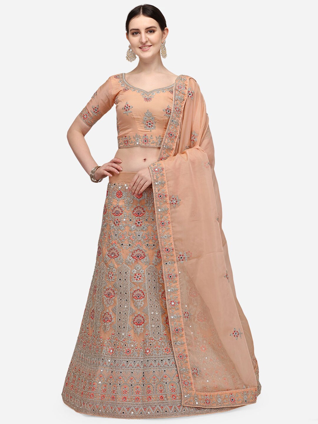 Netram Peach-Coloured & Red Embroidered Thread Work Semi-Stitched Lehenga & Unstitched Blouse With Dupatta
Netram Peach-Coloured & Red Embroidered Thread Work Semi-Stitched Lehenga & Unstitched Blouse With Dupatta