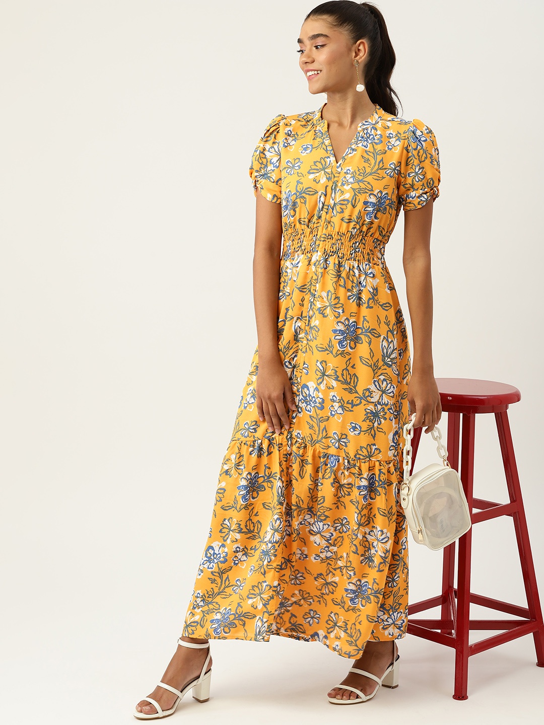 DressBerry Women Mustard Yellow & Blue Floral Print Smocked Puff Sleeves A-Line Maxi Dress
DressBerry Women Mustard Yellow & Blue Floral Print Smocked Puff Sleeves A-Line Maxi Dress