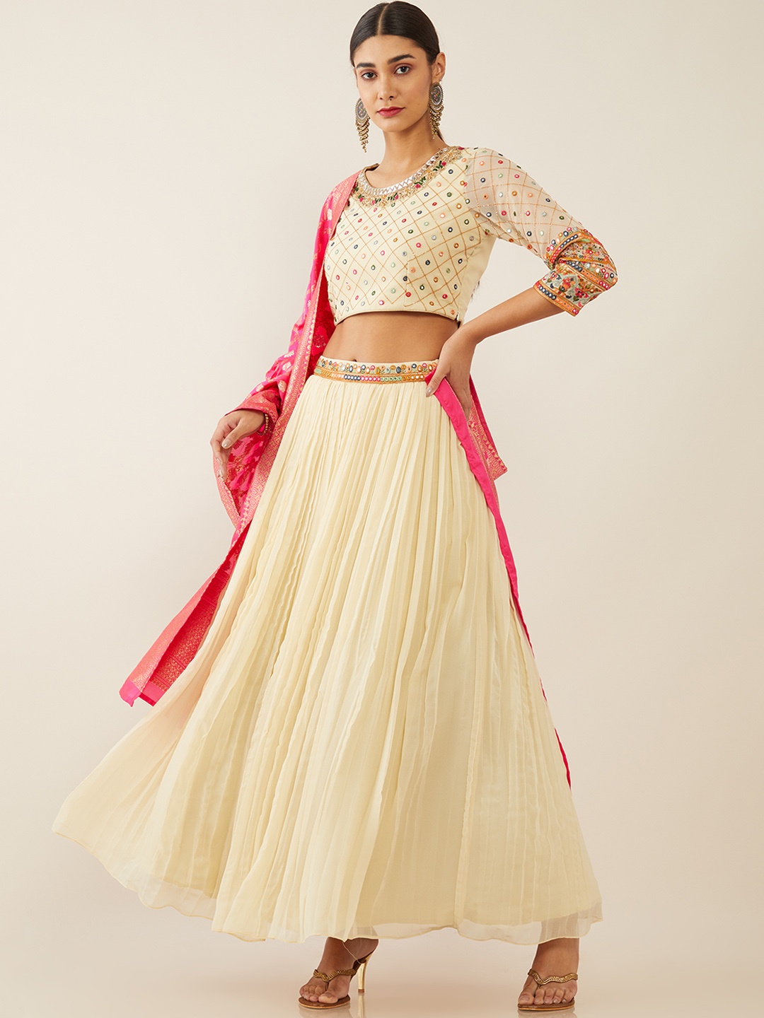 Soch Cream-Coloured Embellished Mirror Work Ready to Wear Lehenga & Blouse With Dupatta
Soch Cream-Coloured Embellished Mirror Work Ready to Wear Lehenga & Blouse With Dupatta