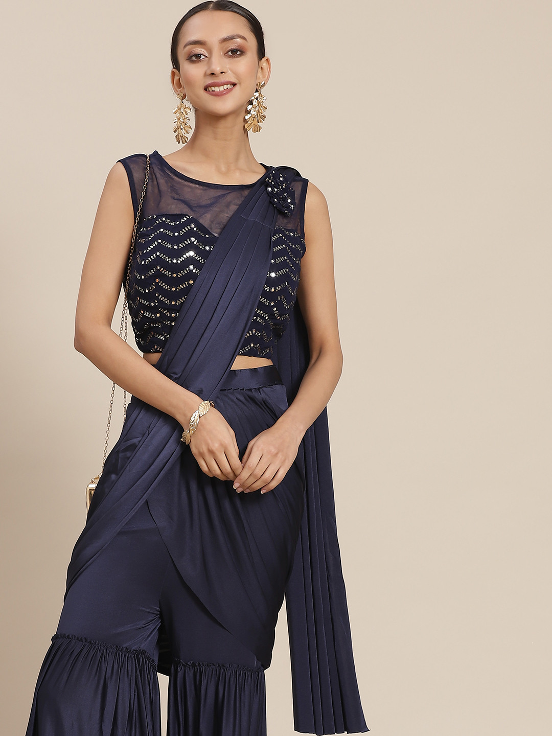 Mitera Navy Blue Ready To Wear Palazzo Saree 
Mitera Navy Blue Ready To Wear Palazzo Saree