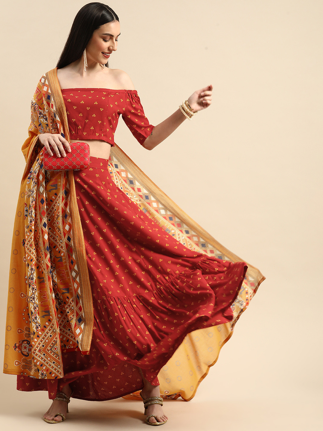 Anouk Red & Yellow Embellished Mirror Work Shibori Ready to Wear Lehenga & Blouse With Dupatta
Anouk Red & Yellow Embellished Mirror Work Shibori Ready to Wear Lehenga & Blouse With Dupatta