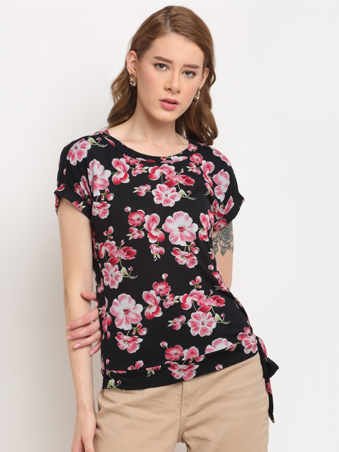 Crozo By Cantabil Women Black Floral Printed Top