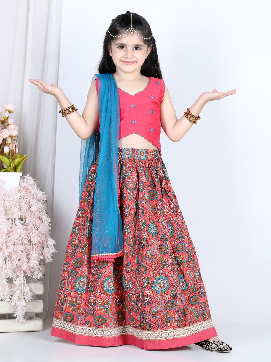 Kinder Kids Girls Pink & Blue Embroidered Ready to Wear Lehenga & Blouse With Dupatta
Kinder Kids Girls Pink & Blue Embroidered Ready to Wear Lehenga & Blouse With Dupatta