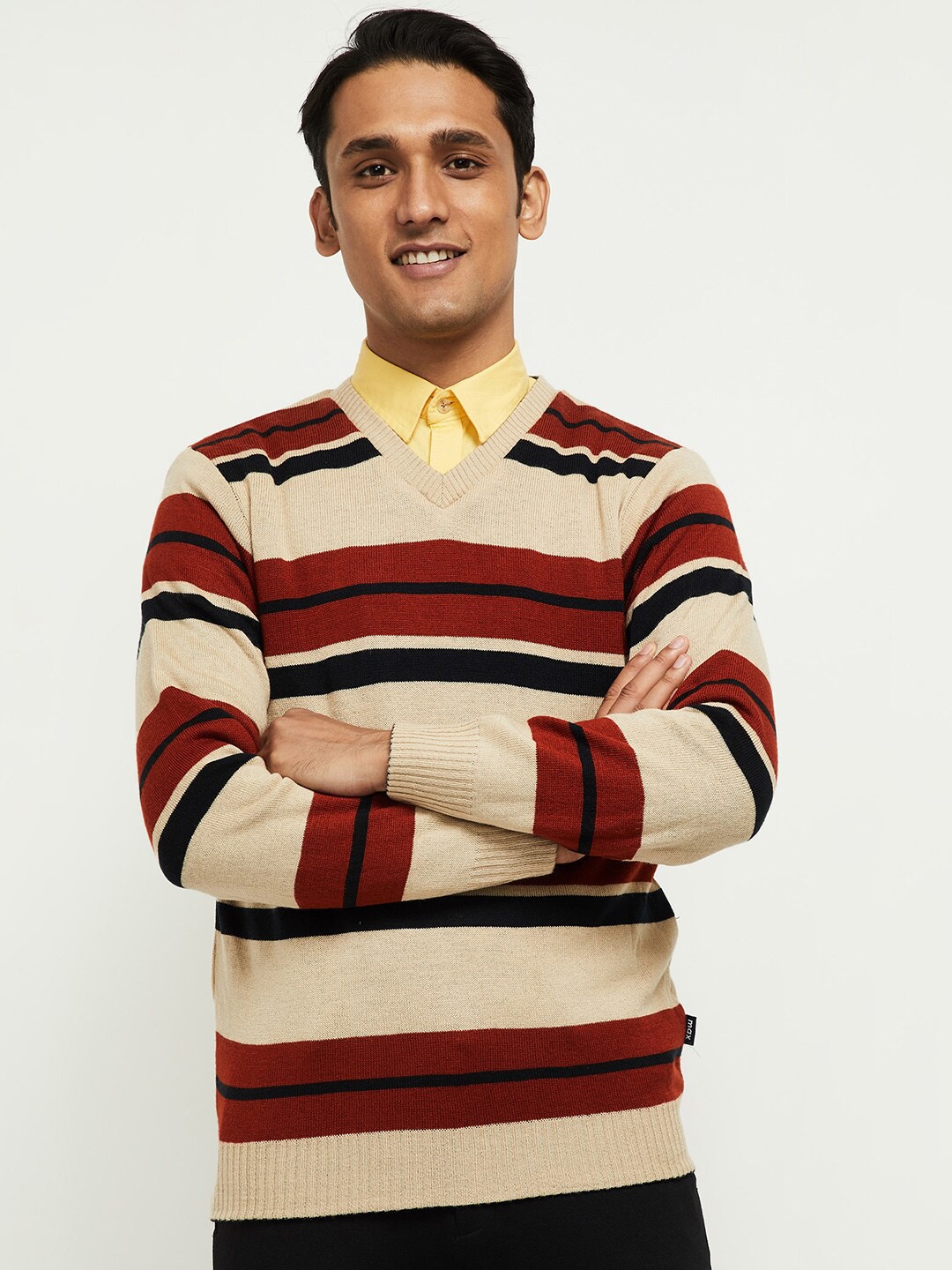 max Men Maroon & Cream-Coloured Striped Pullover
