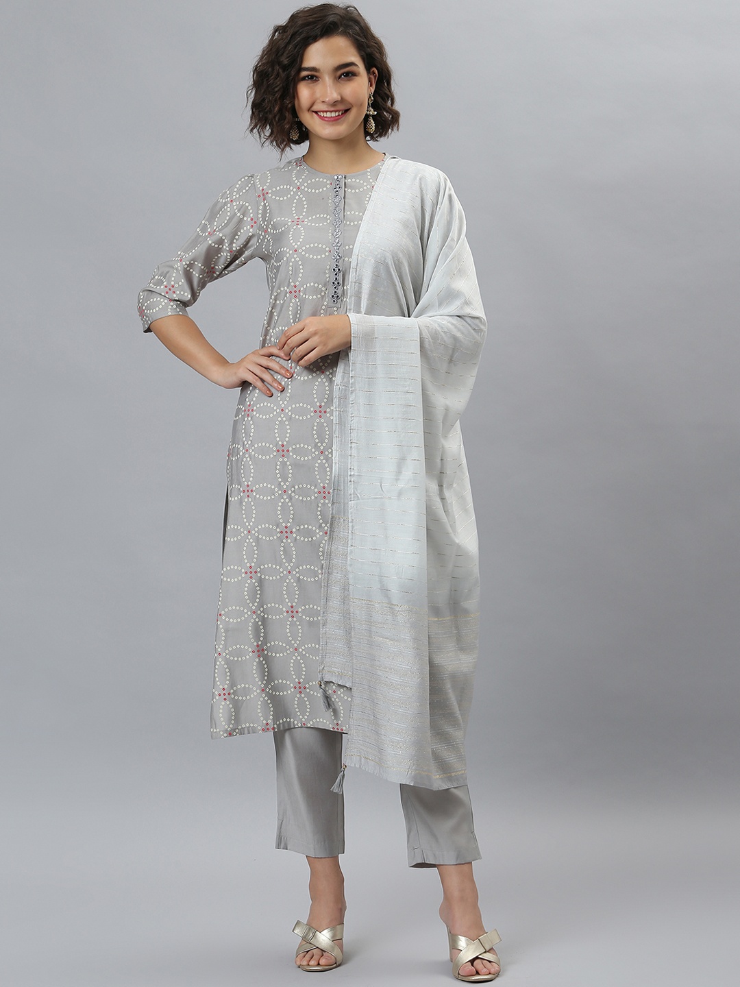 Janasya Women Grey Printed Kurta with Trousers & With Dupatta
