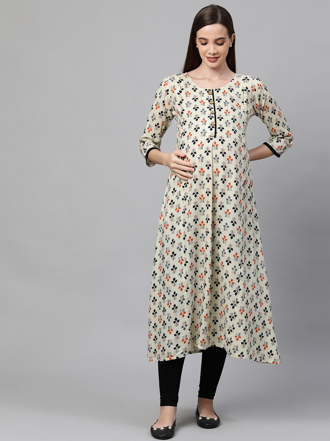 MomToBe Women Beige & Black Floral Printed Maternity Nursing Kurta